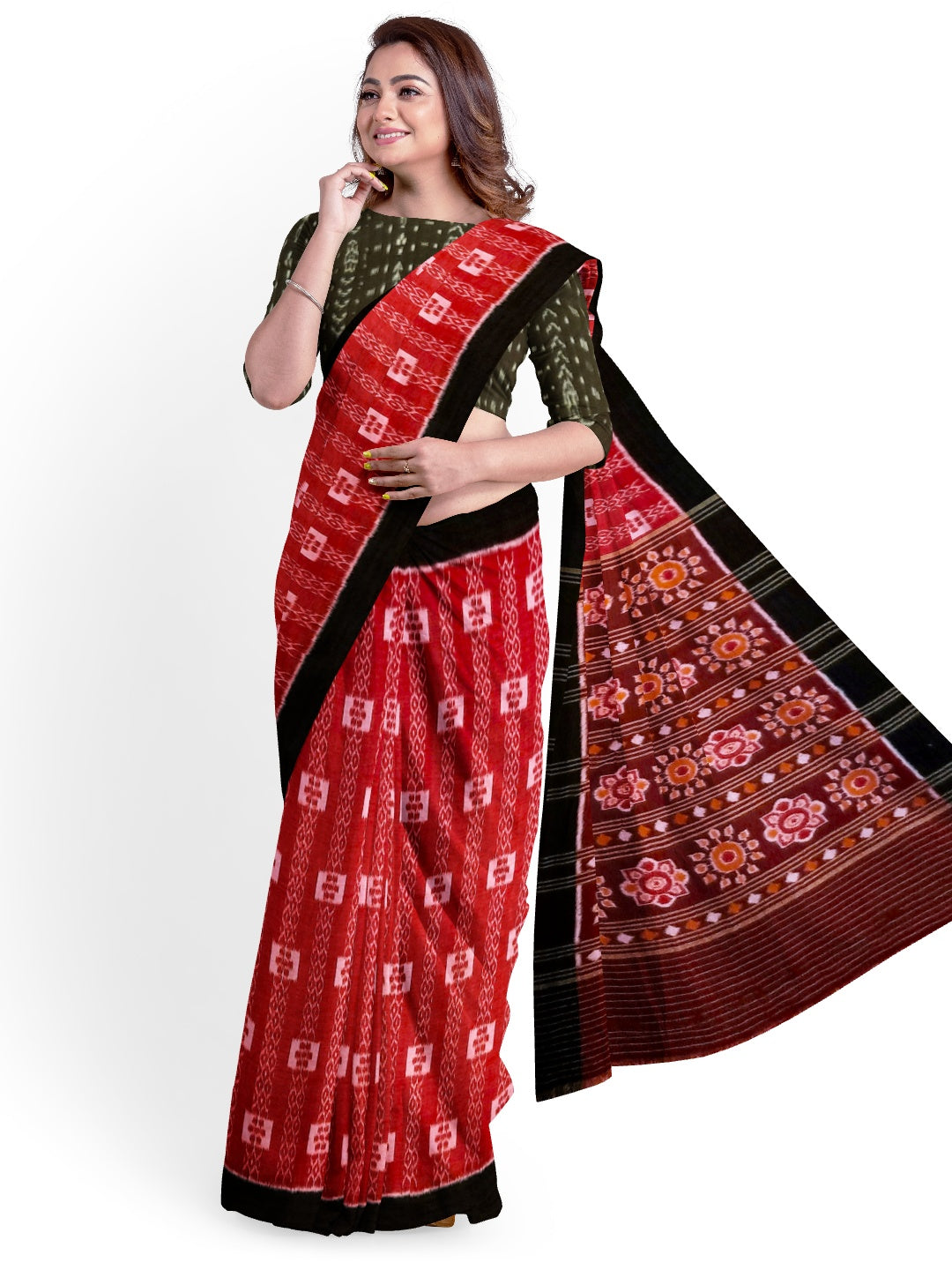 Red with Black Cotton Odisha Ikat saree  with mix match cotton ikat blouse