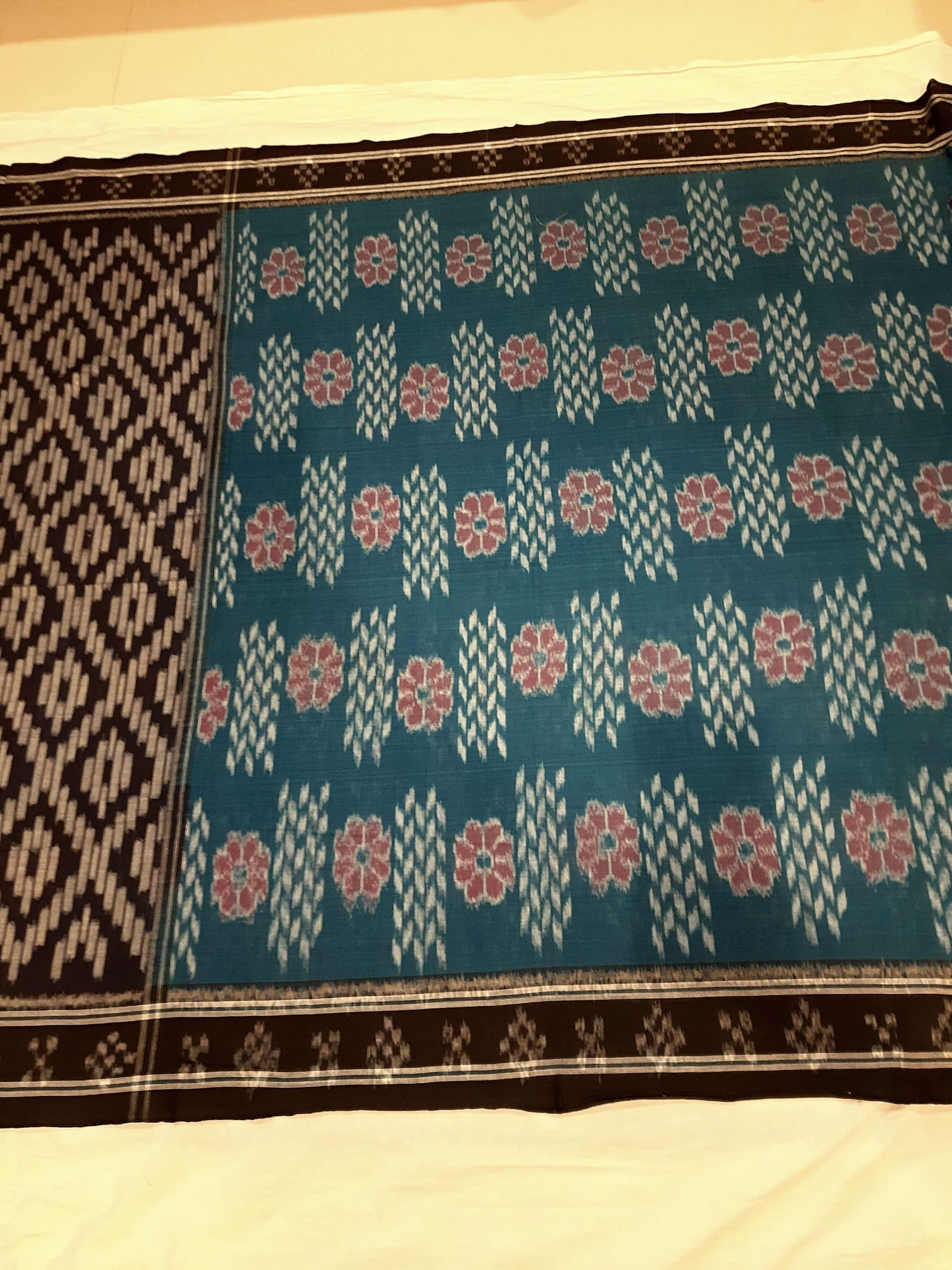 Blue Cotton Pasapalli border Odisha Ikat saree with cotton Sambalpuri ikat blouse piece