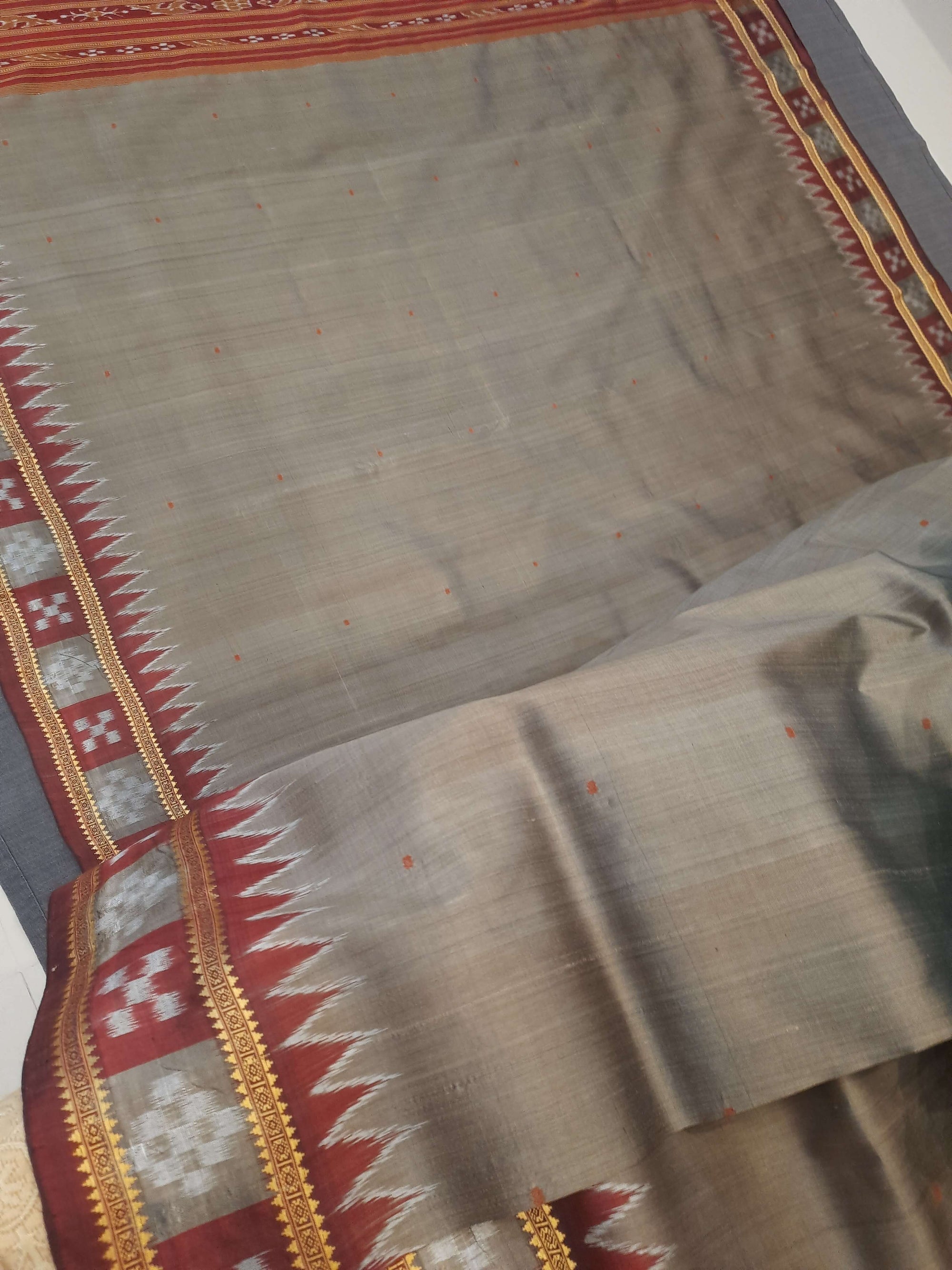 Grey with Maroon Odisha Khandua Pata Silk Saree with pasapalli motifs in border