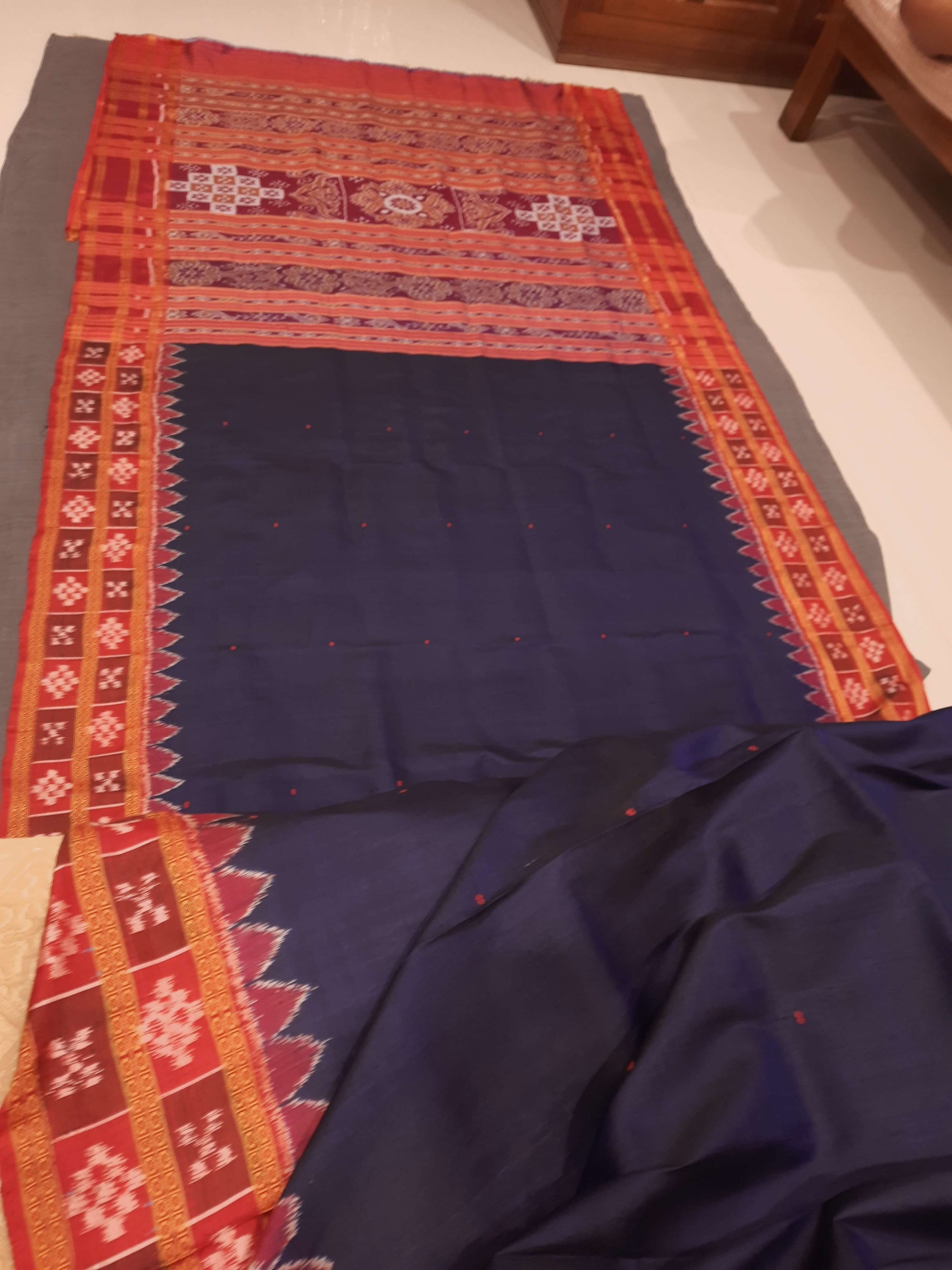 Blue Odisha Khandua Pata Silk double border Saree with running blouse piece