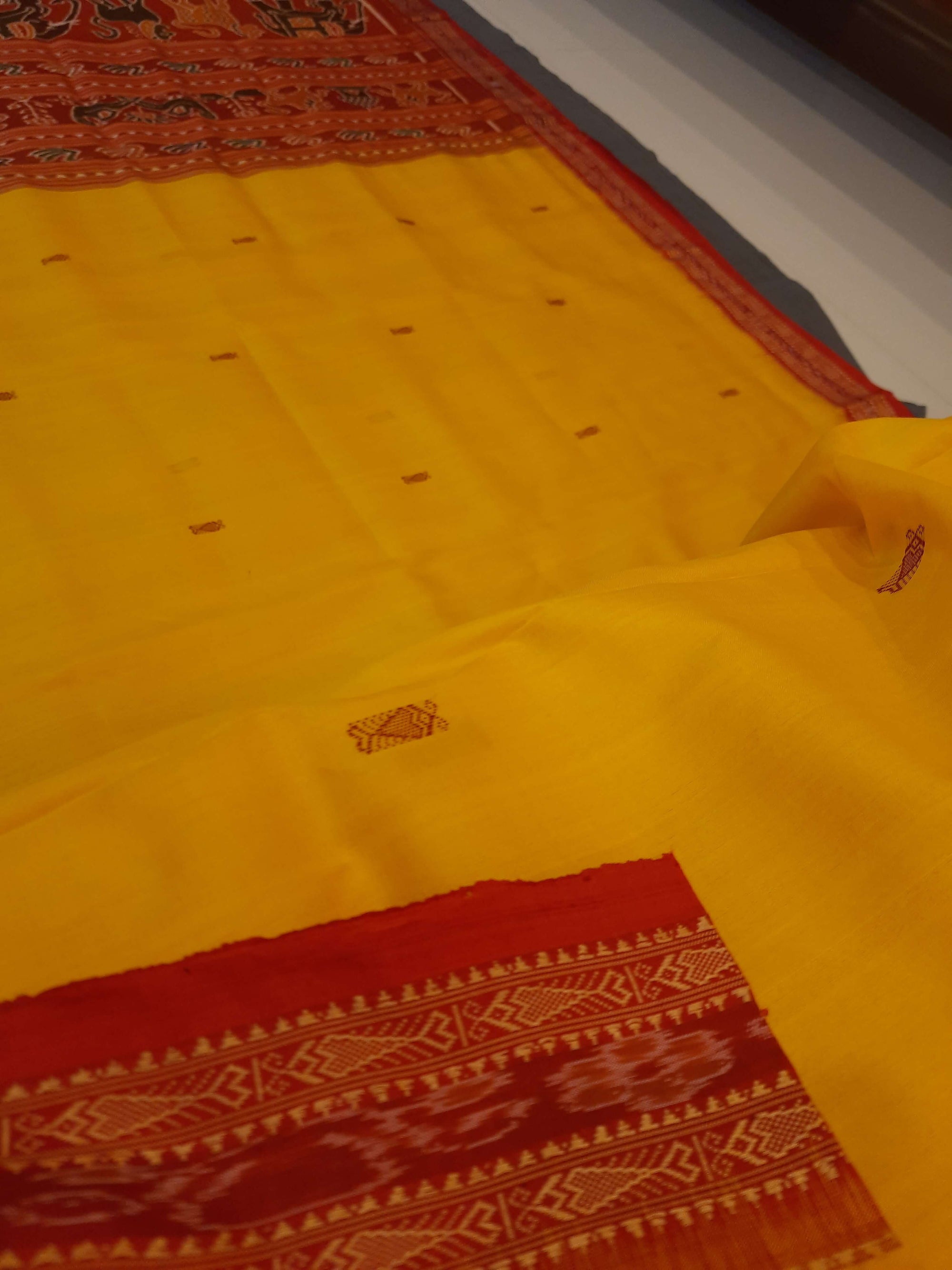 Yellow Red  Khandua Pata Silk Saree with fish motifs
