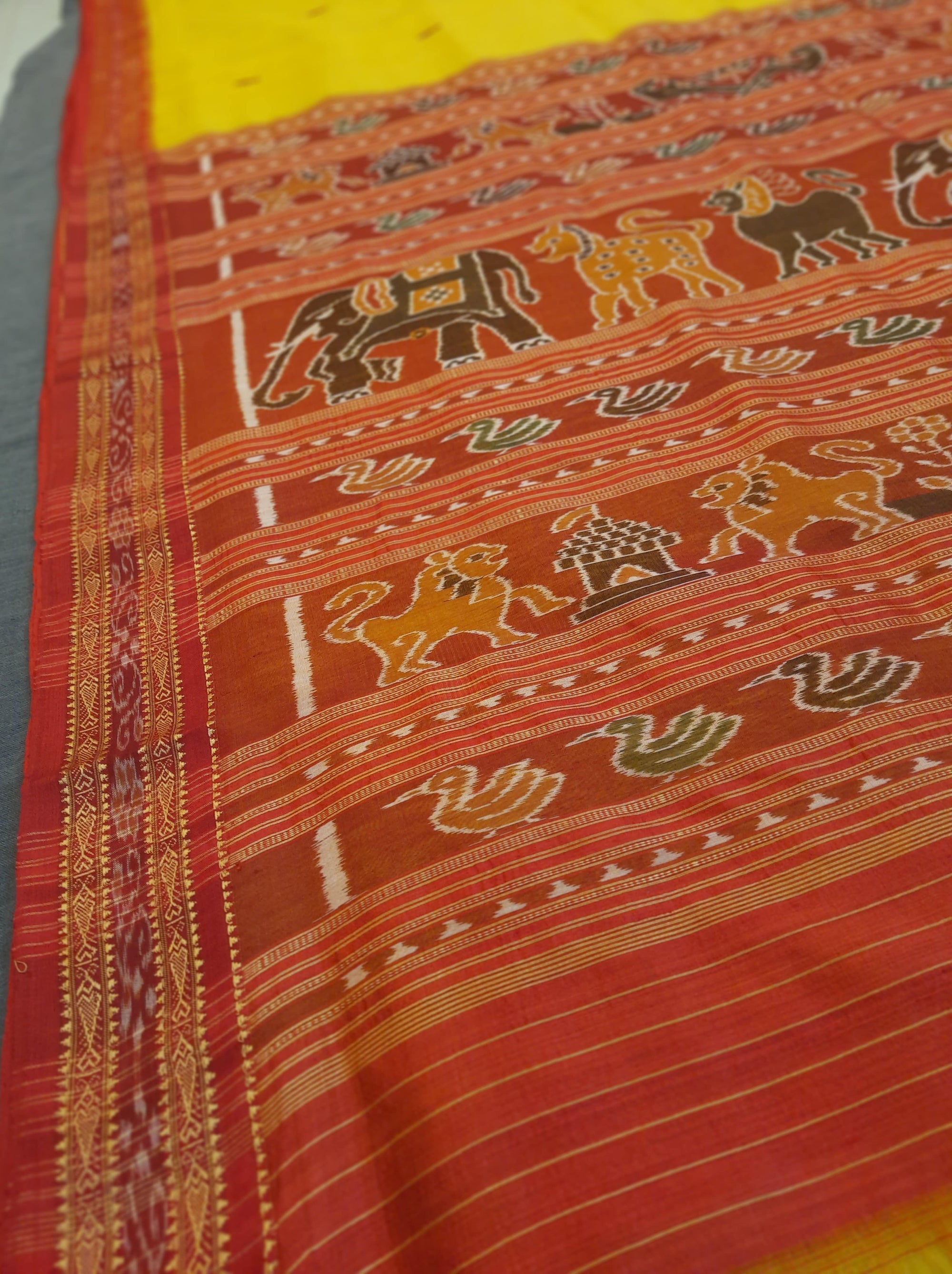 Yellow Red  Khandua Pata Silk Saree with fish motifs