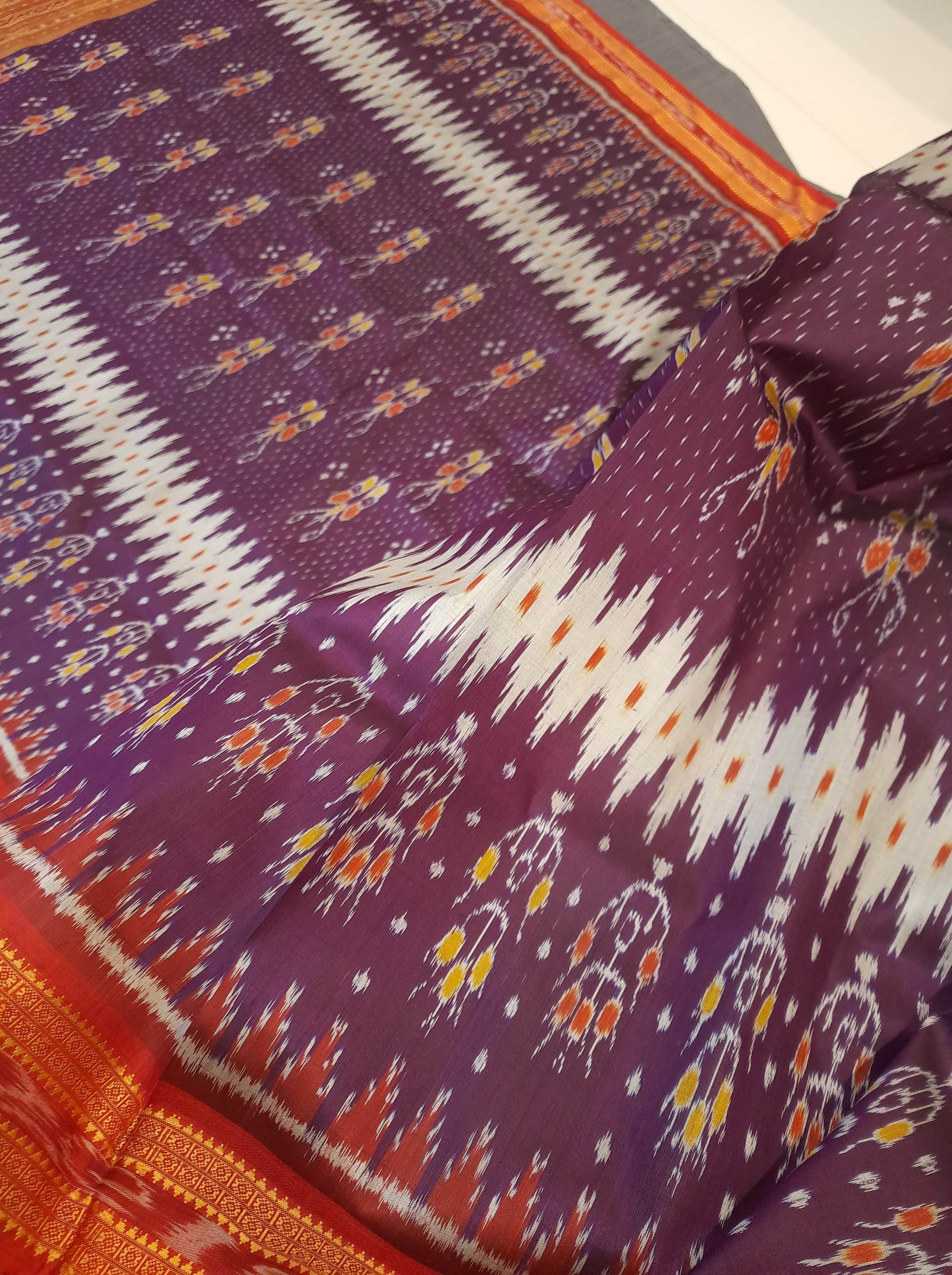 Purple with Red Odisha Khandua Pata Silk Saree with butterfly motifs