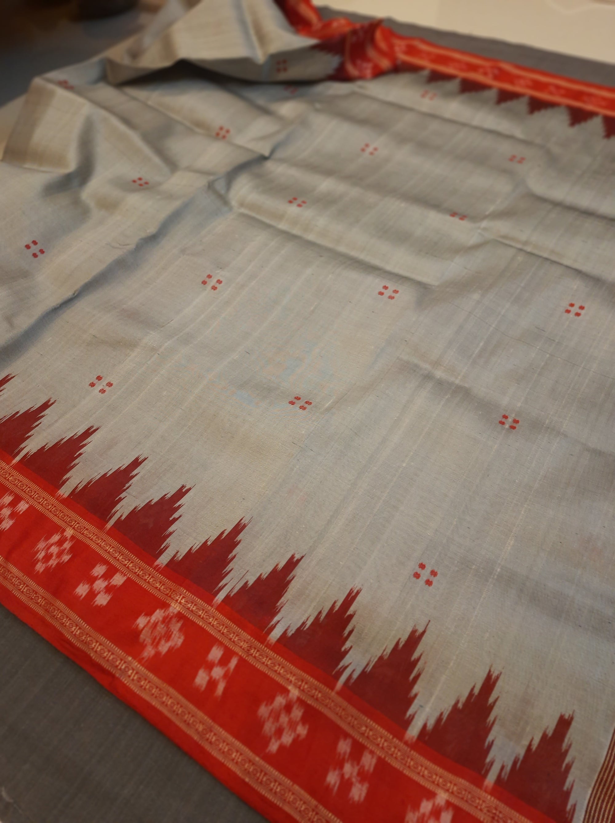 Grey with Red Odisha Khandua Pata Silk Saree with pasapalli motifs in border
