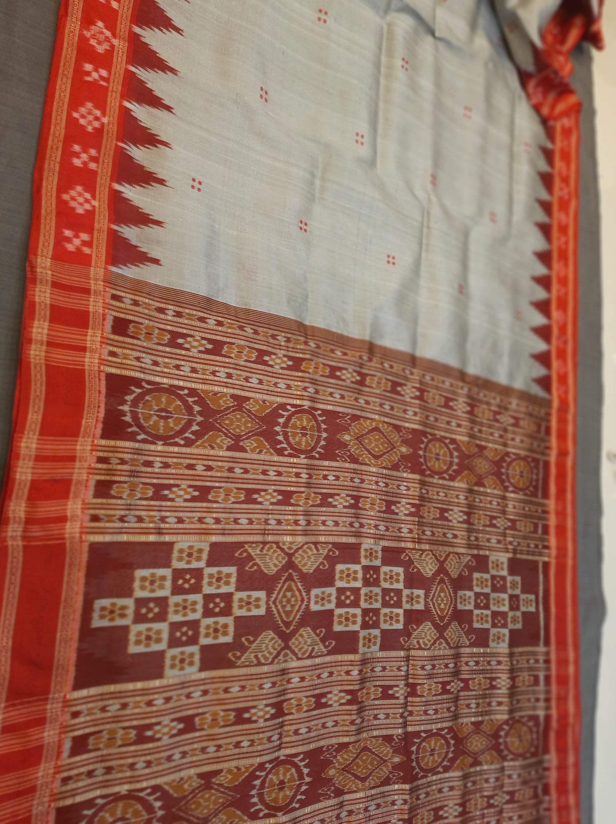 Grey with Red Odisha Khandua Pata Silk Saree with pasapalli motifs in border