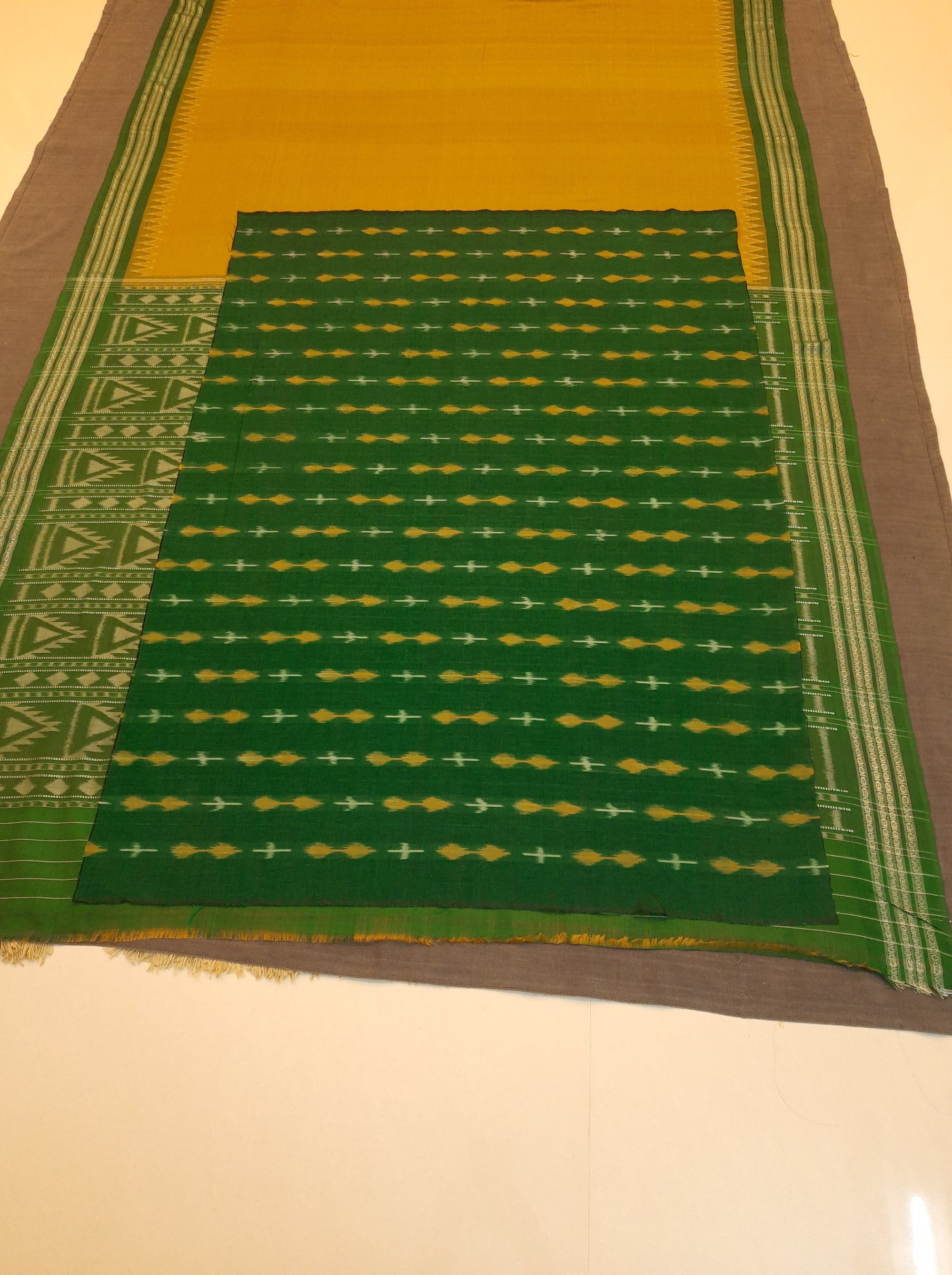 Olive-green Cotton Odisha Ikat saree  with mix match cotton ikat blouse