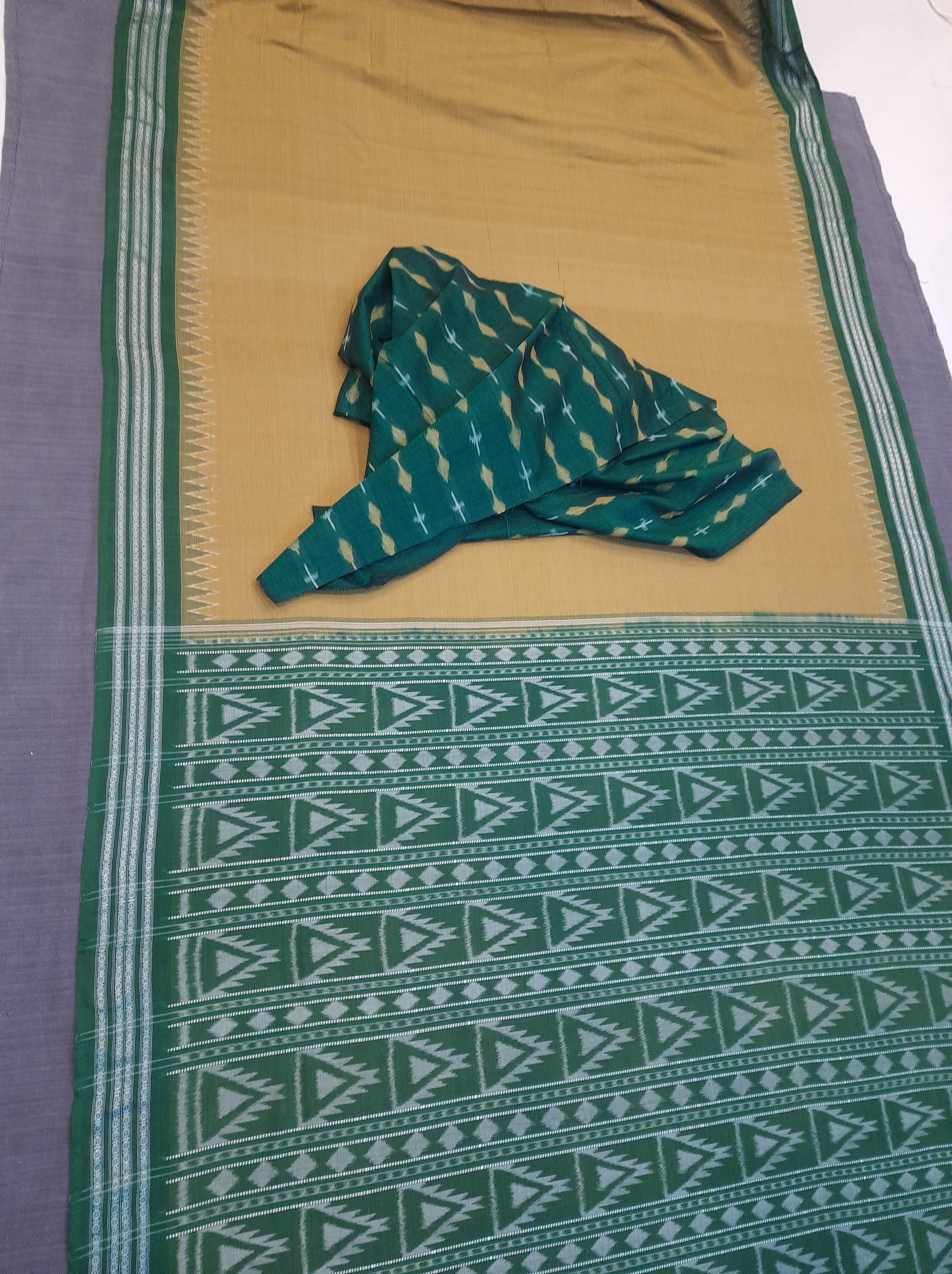 Olive-green Cotton Odisha Ikat saree  with mix match cotton ikat blouse