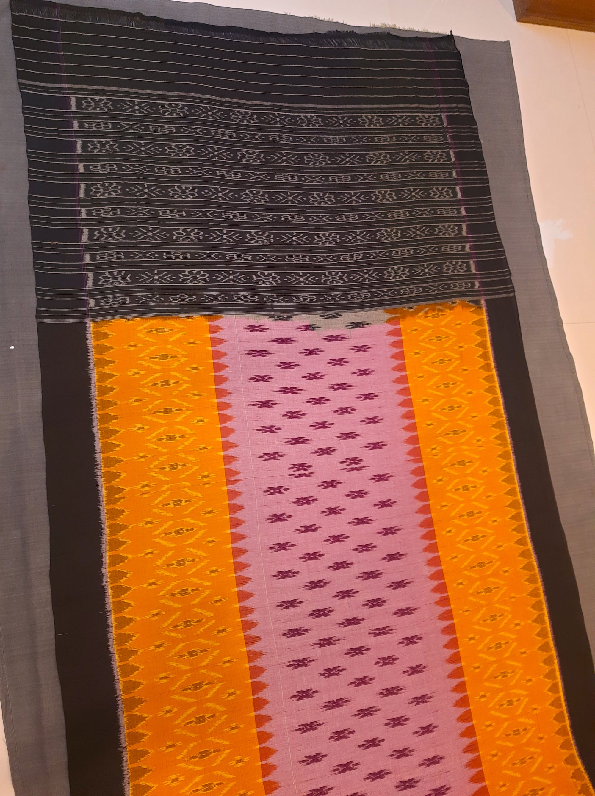 Yellow and Purple combination Odisha Ikat saree  with cotton ikat blouse