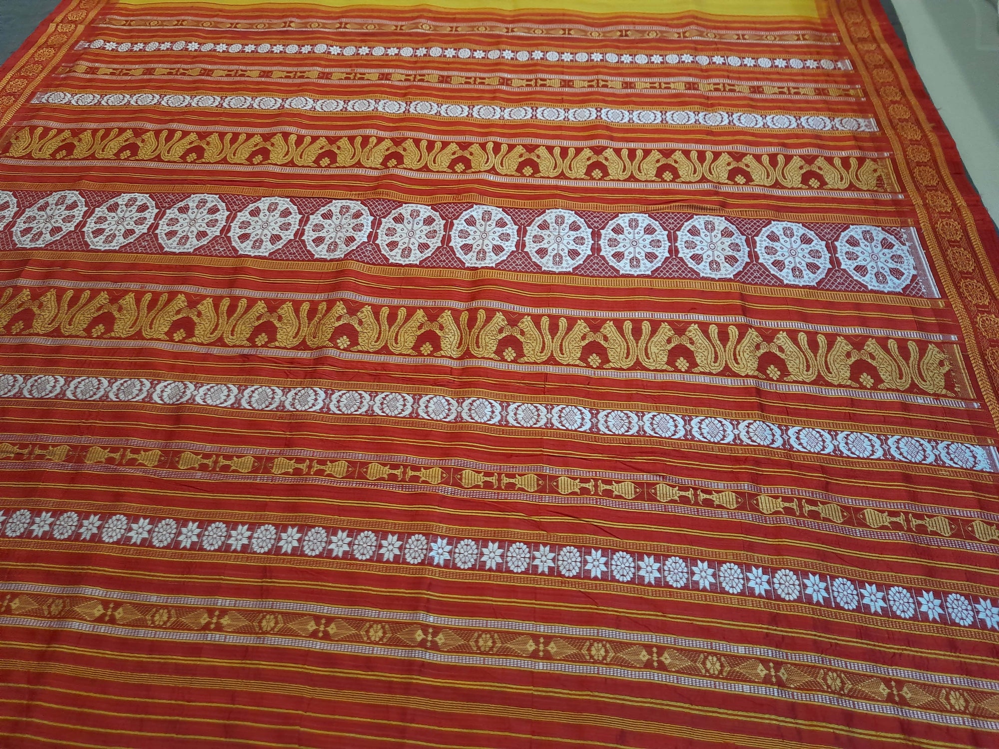 Yellow and Red Odisha Khandua Silk Saree with jala design anchal and running blouse piece