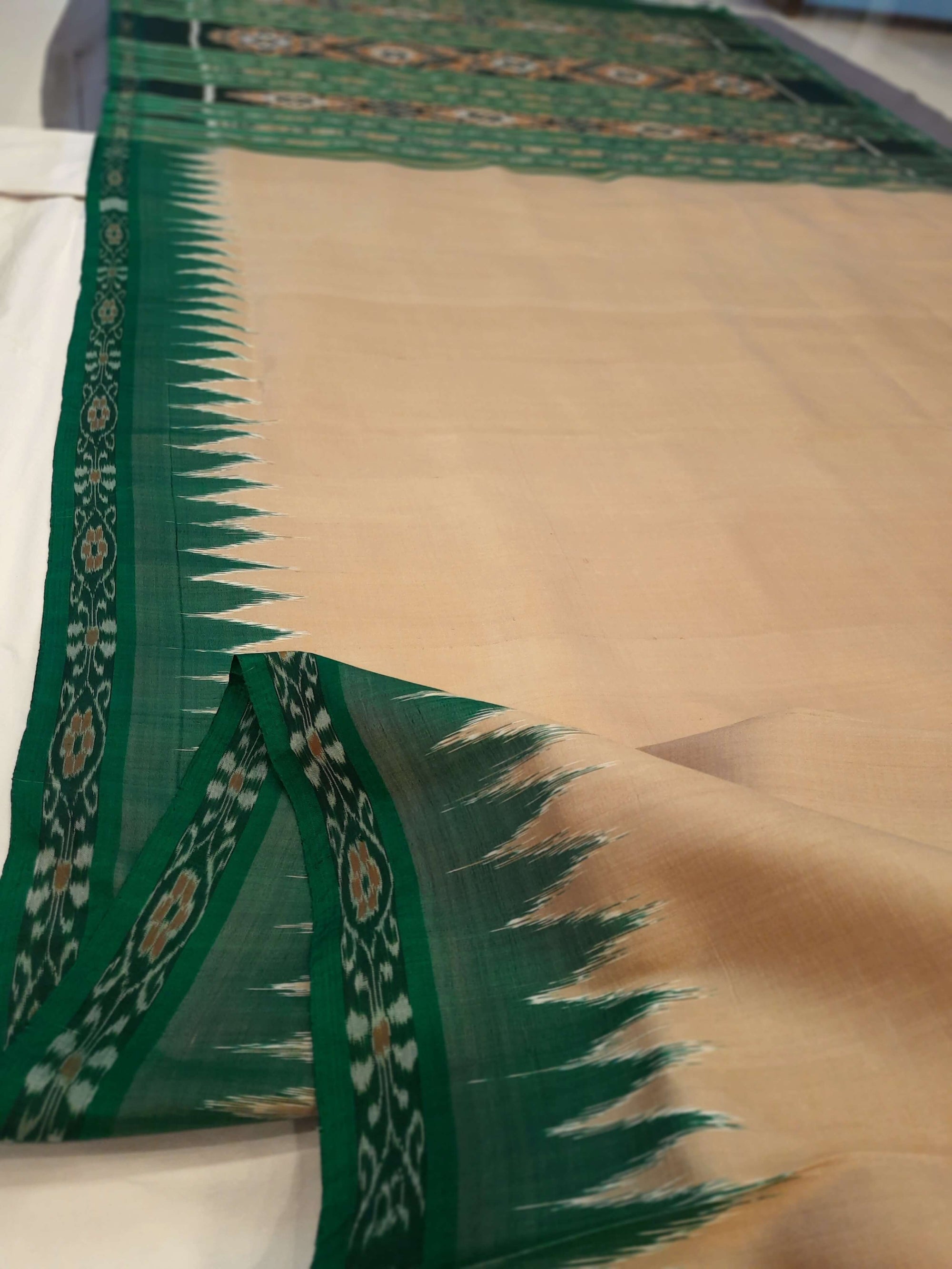 Beige and Green Odisha Khandua Silk Saree with beautiful Ikat border design