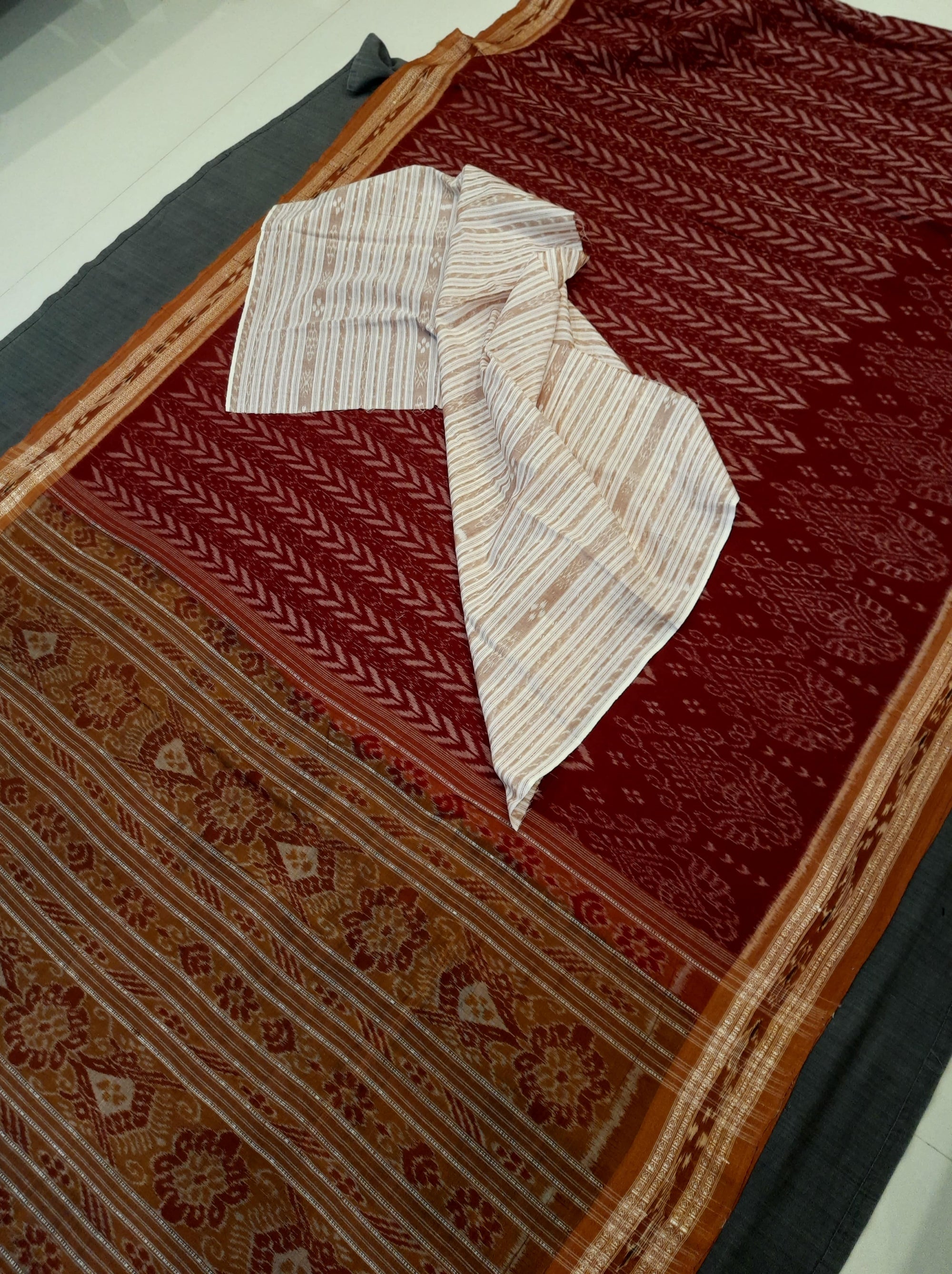 Maroon and Rust Cotton Odisha Ikat saree  with mix match cotton ikat blouse piece