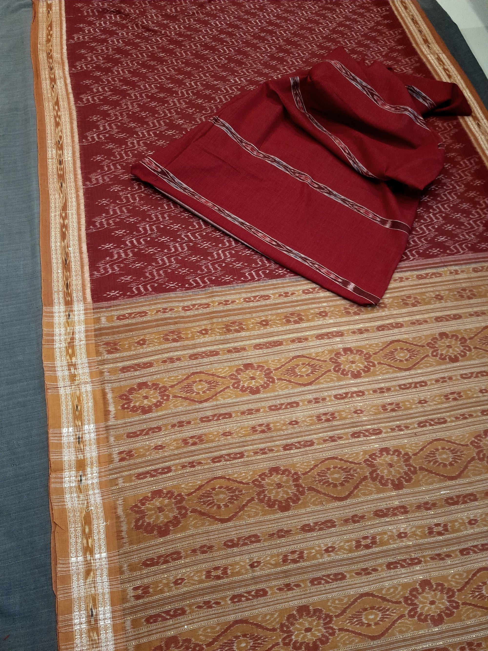 Maroon and Rust Cotton Odisha Ikat saree  with mix match cotton ikat blouse piece