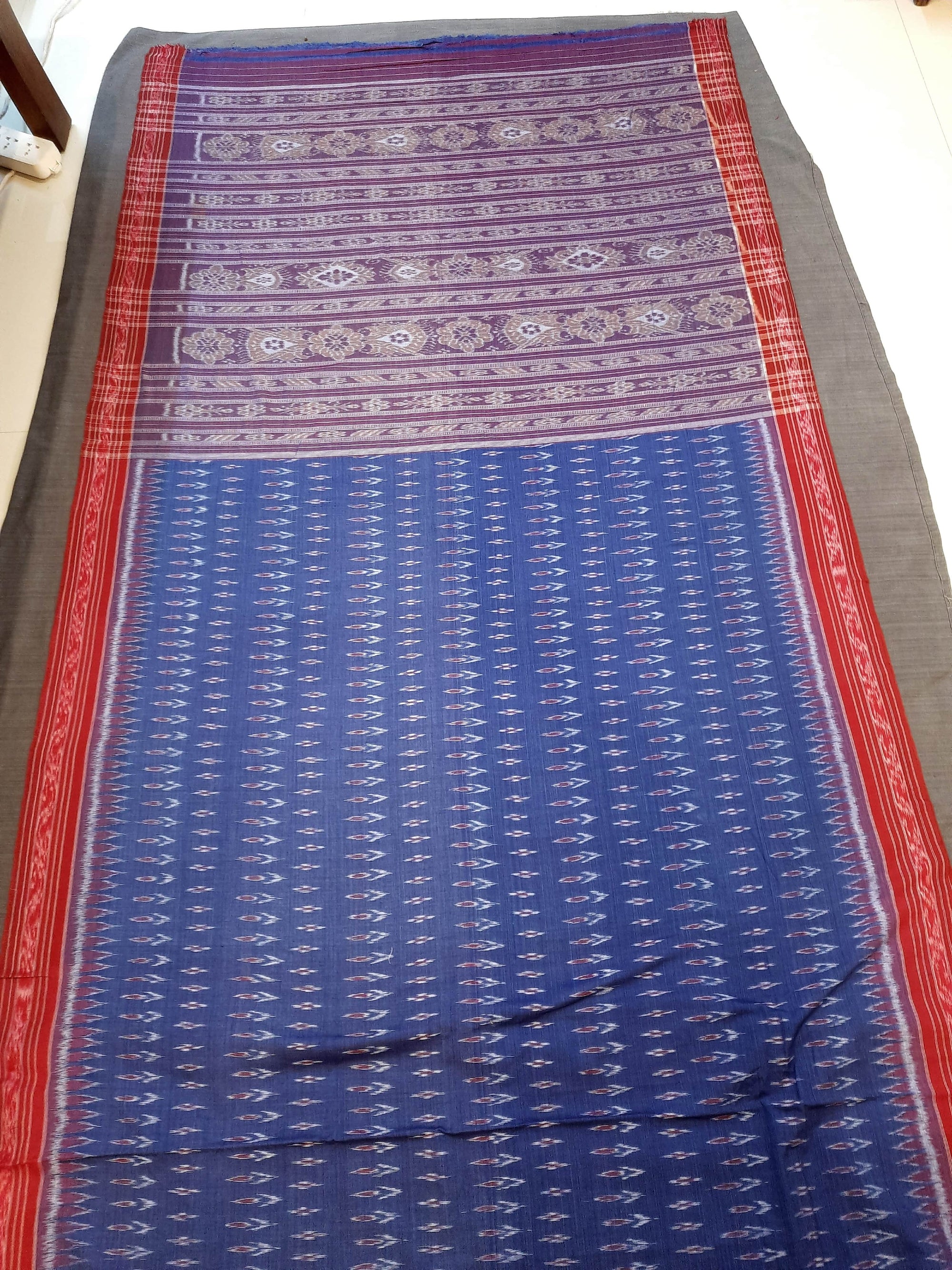Blue and Red Cotton Odisha Ikat saree  with mix match cotton ikat blouse piece