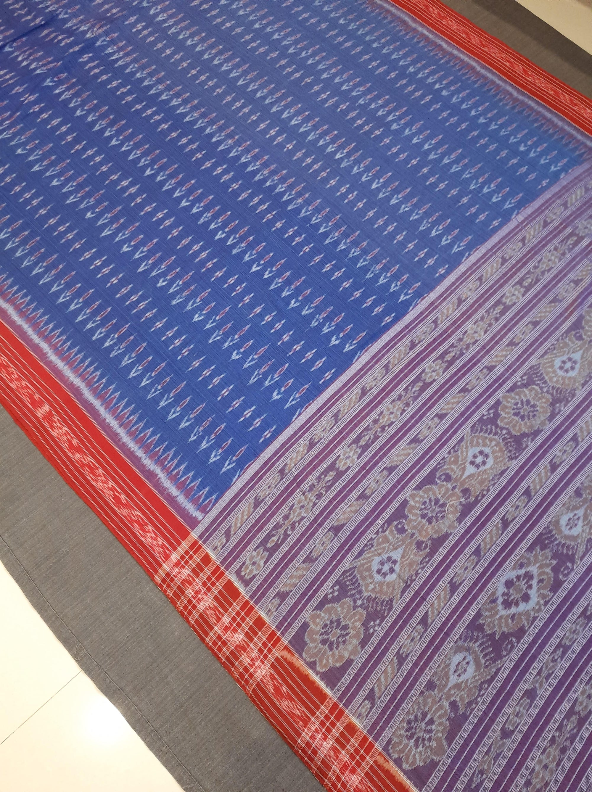 Blue and Red Cotton Odisha Ikat saree  with mix match cotton ikat blouse piece