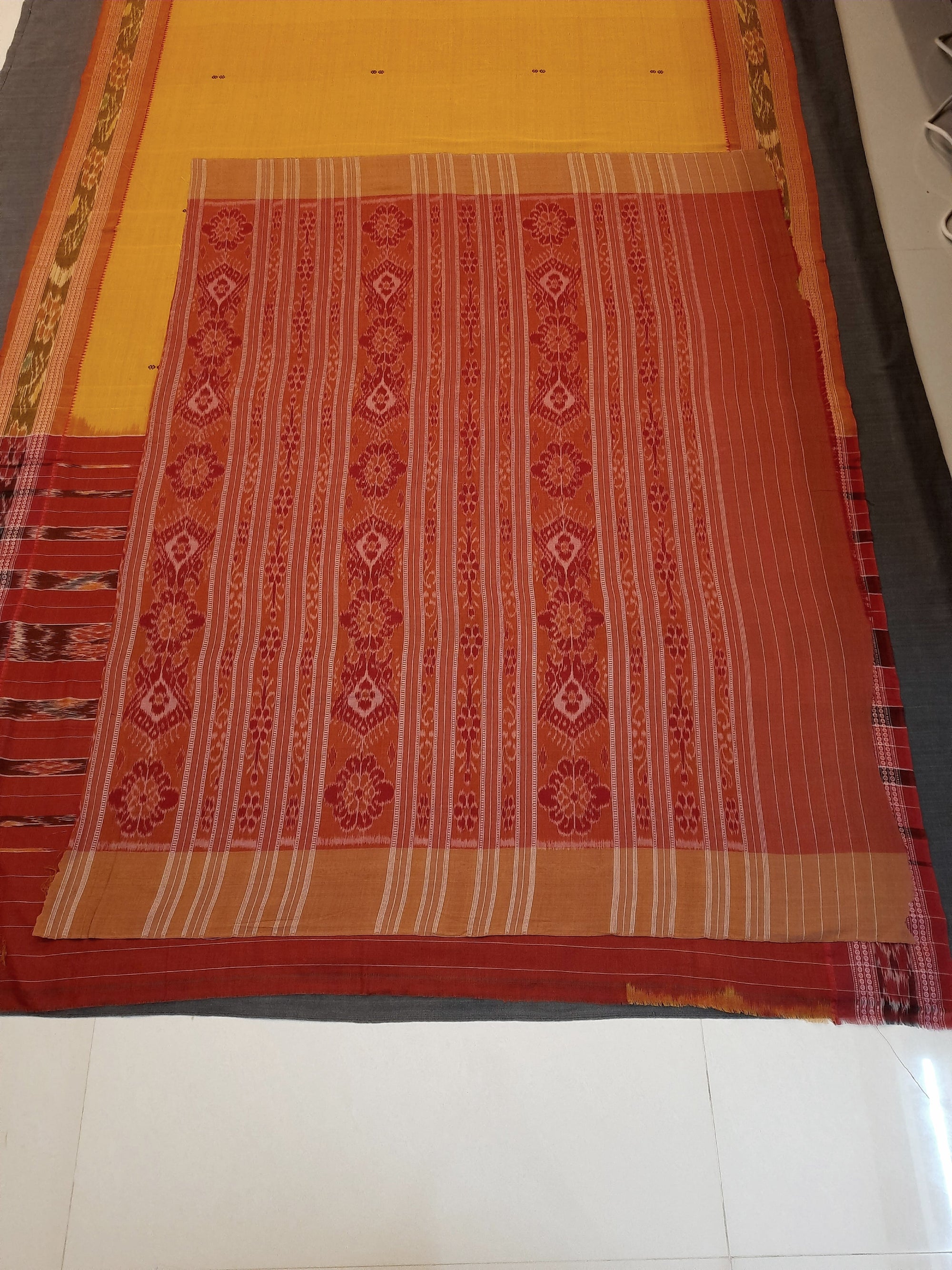 Yellow Cotton Odisha Ikat saree  with mix match cotton ikat blouse piece