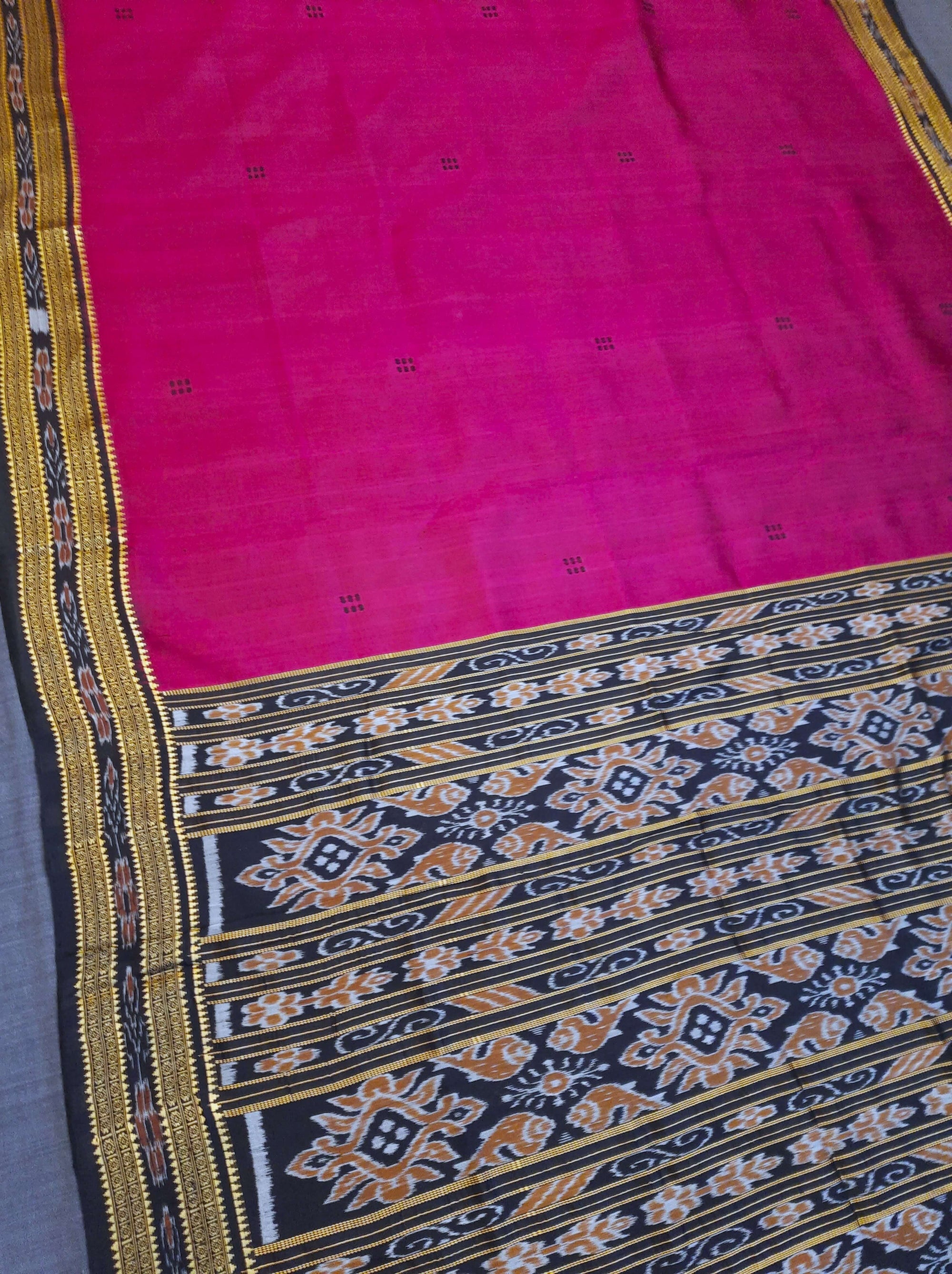 Magenta with Black Odisha Khandua Silk Saree with Black Mulberry silk blouse piece