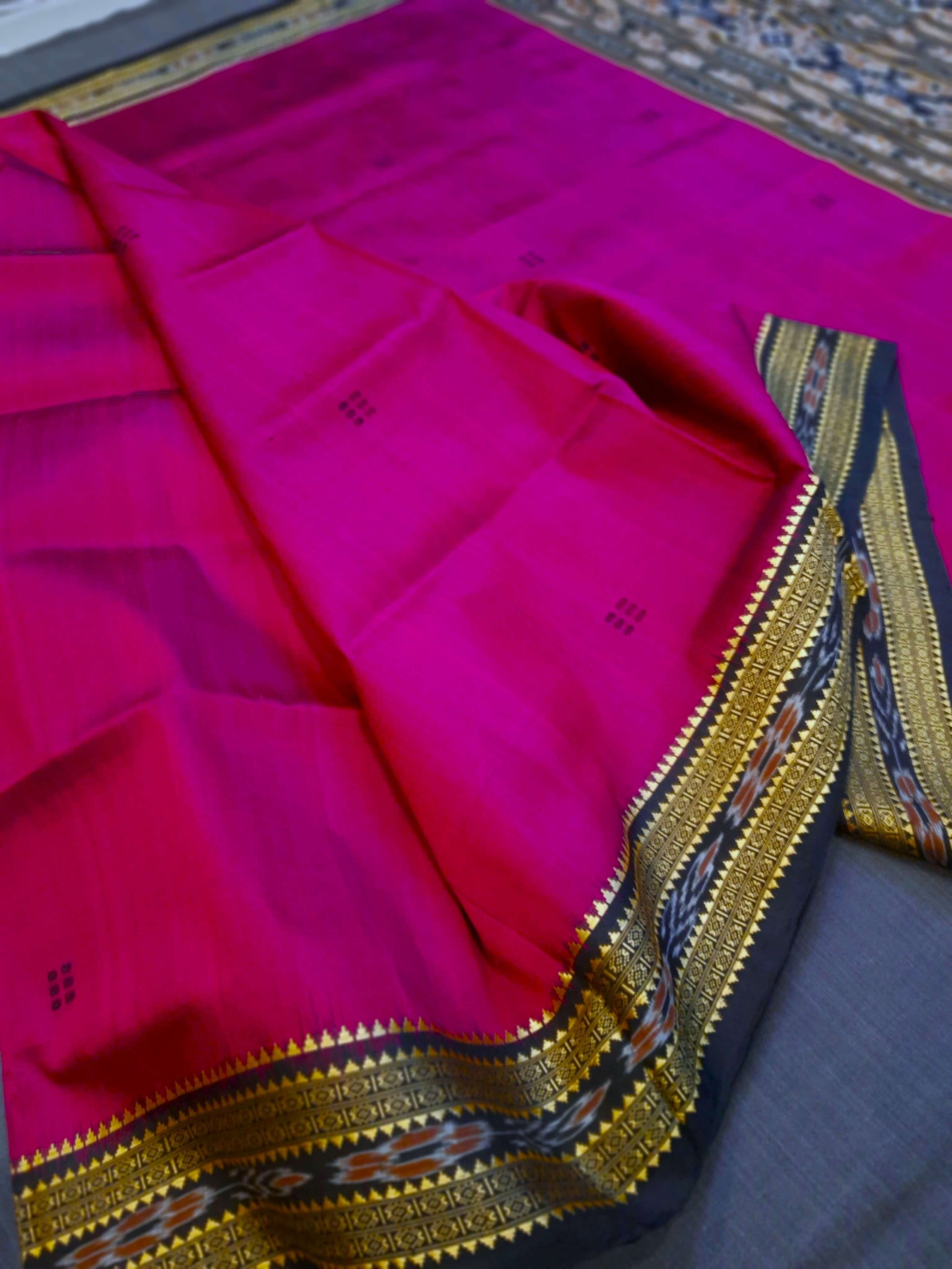 Magenta with Black Odisha Khandua Silk Saree with Black Mulberry silk blouse piece