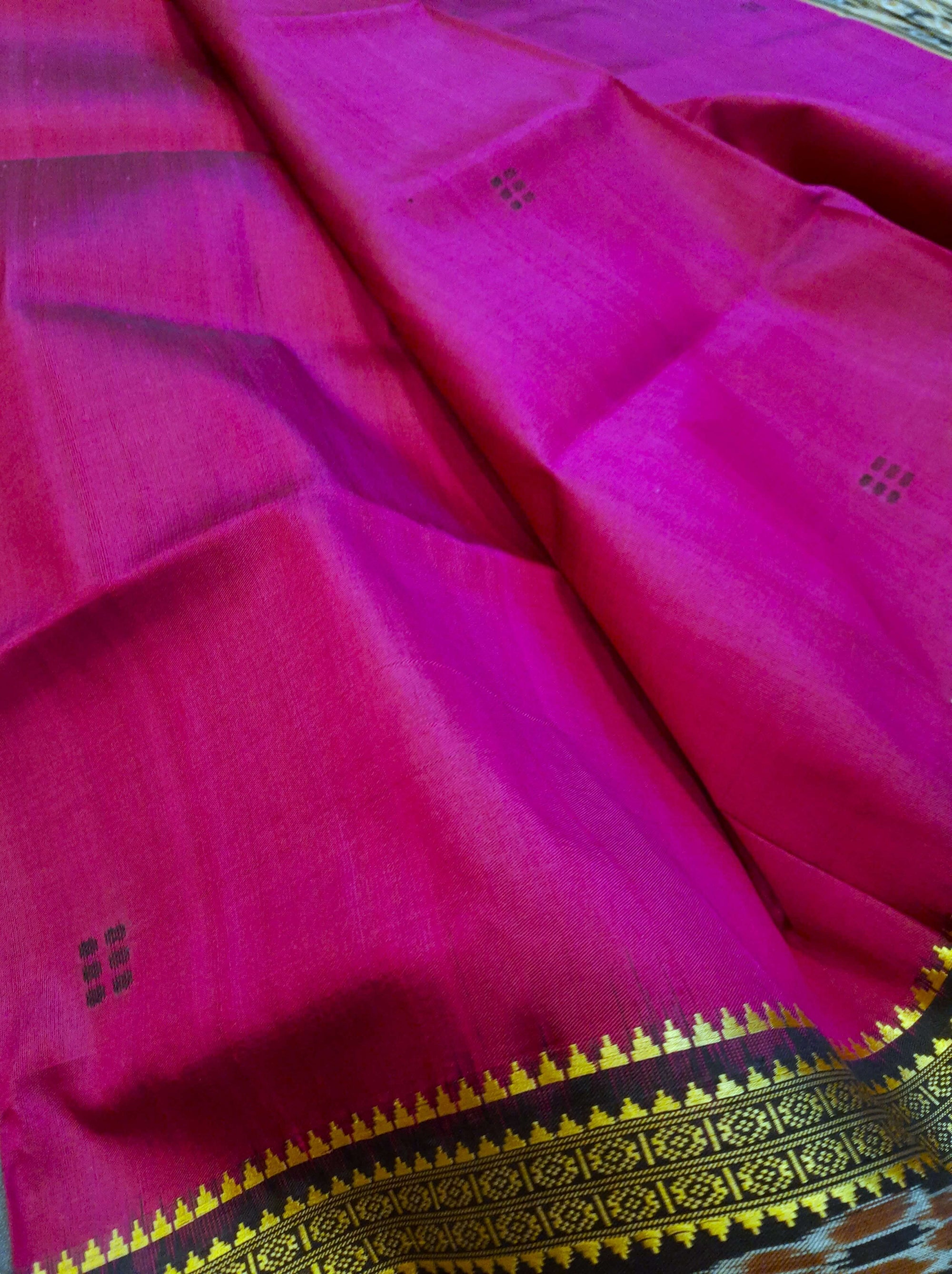 Magenta with Black Odisha Khandua Silk Saree with Black Mulberry silk blouse piece