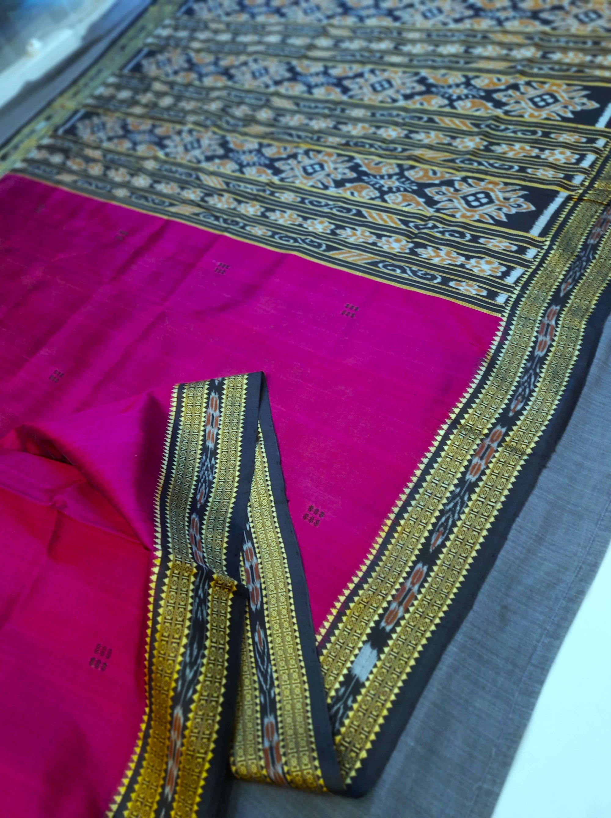 Magenta with Black Odisha Khandua Silk Saree with Black Mulberry silk blouse piece