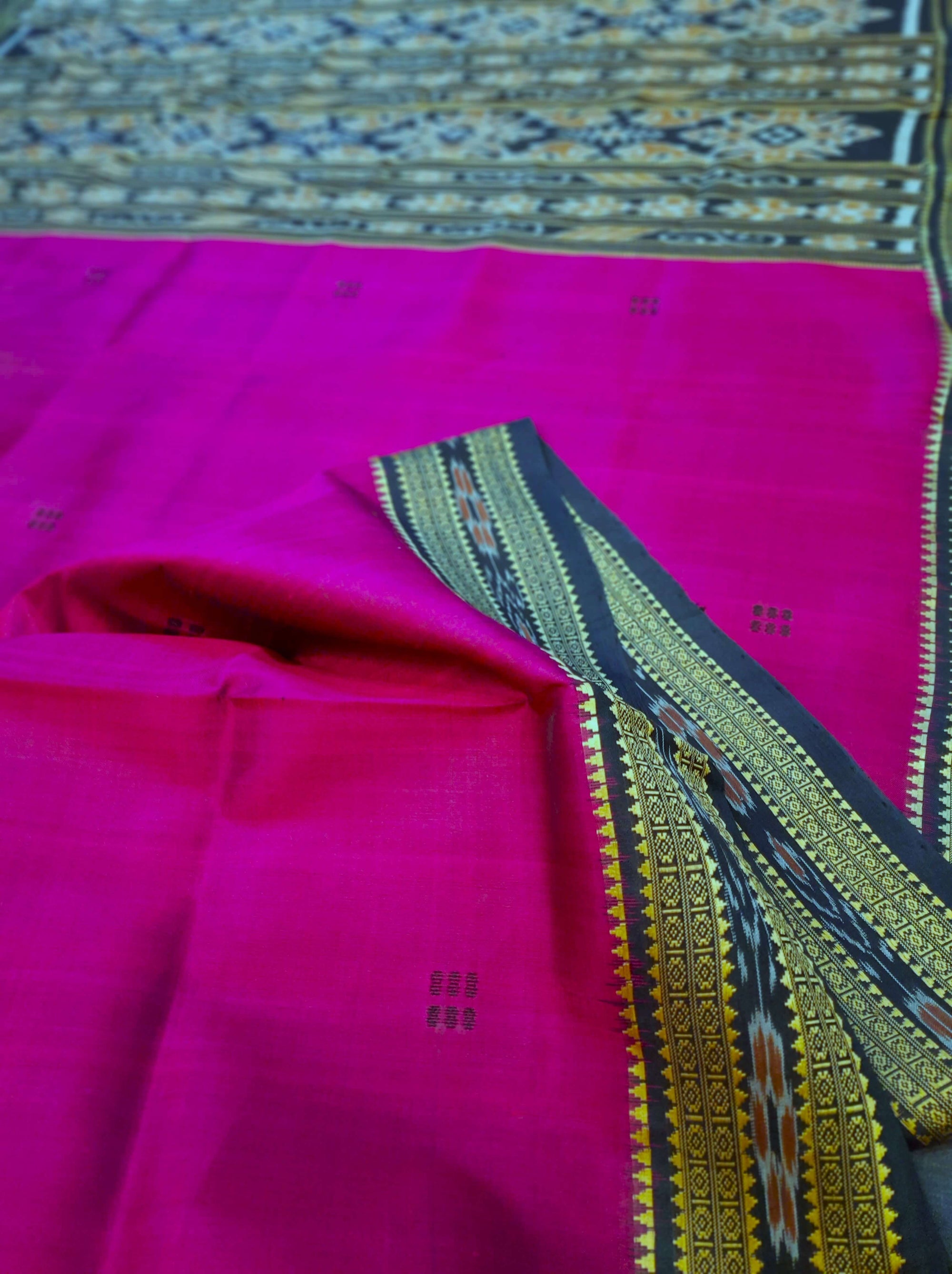 Magenta with Black Odisha Khandua Silk Saree with Black Mulberry silk blouse piece