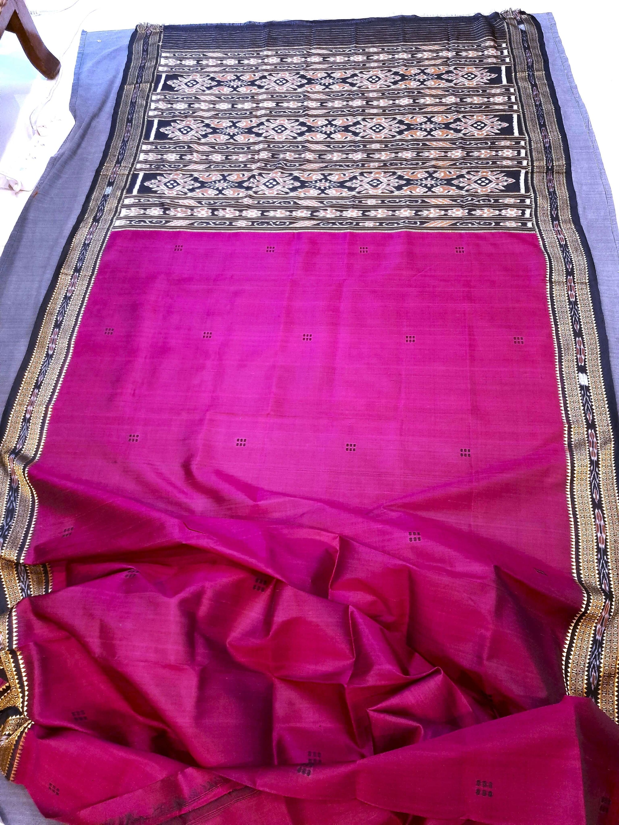 Magenta with Black Odisha Khandua Silk Saree with Black Mulberry silk blouse piece