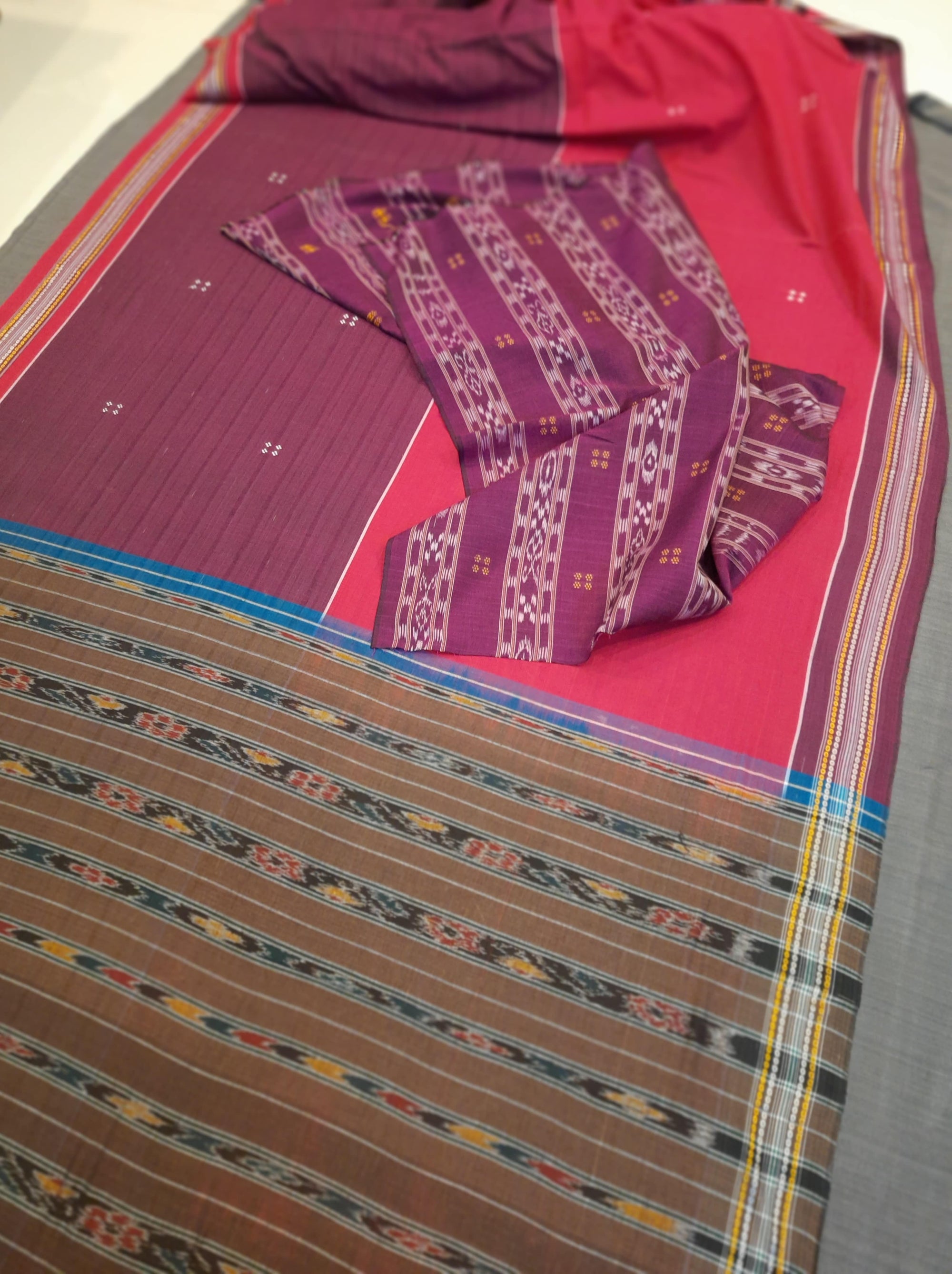Pink Purple half half Odisha Ikat saree  with mix match cotton ikat blouse