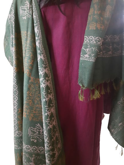 Green Tussar Silk Dupatta with hand block print