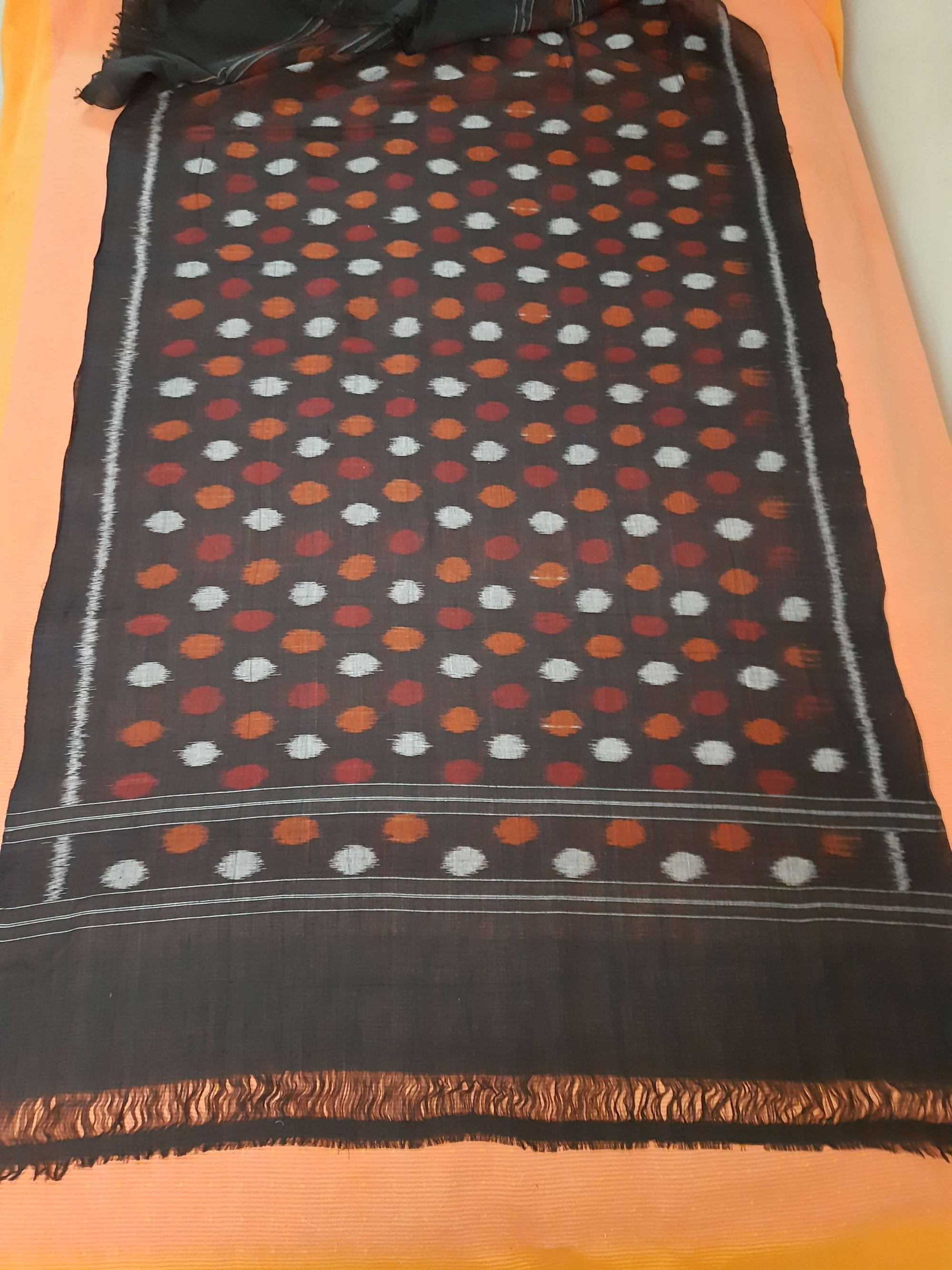 Black Cotton Odisha Ikat Stole with polka dot motifs