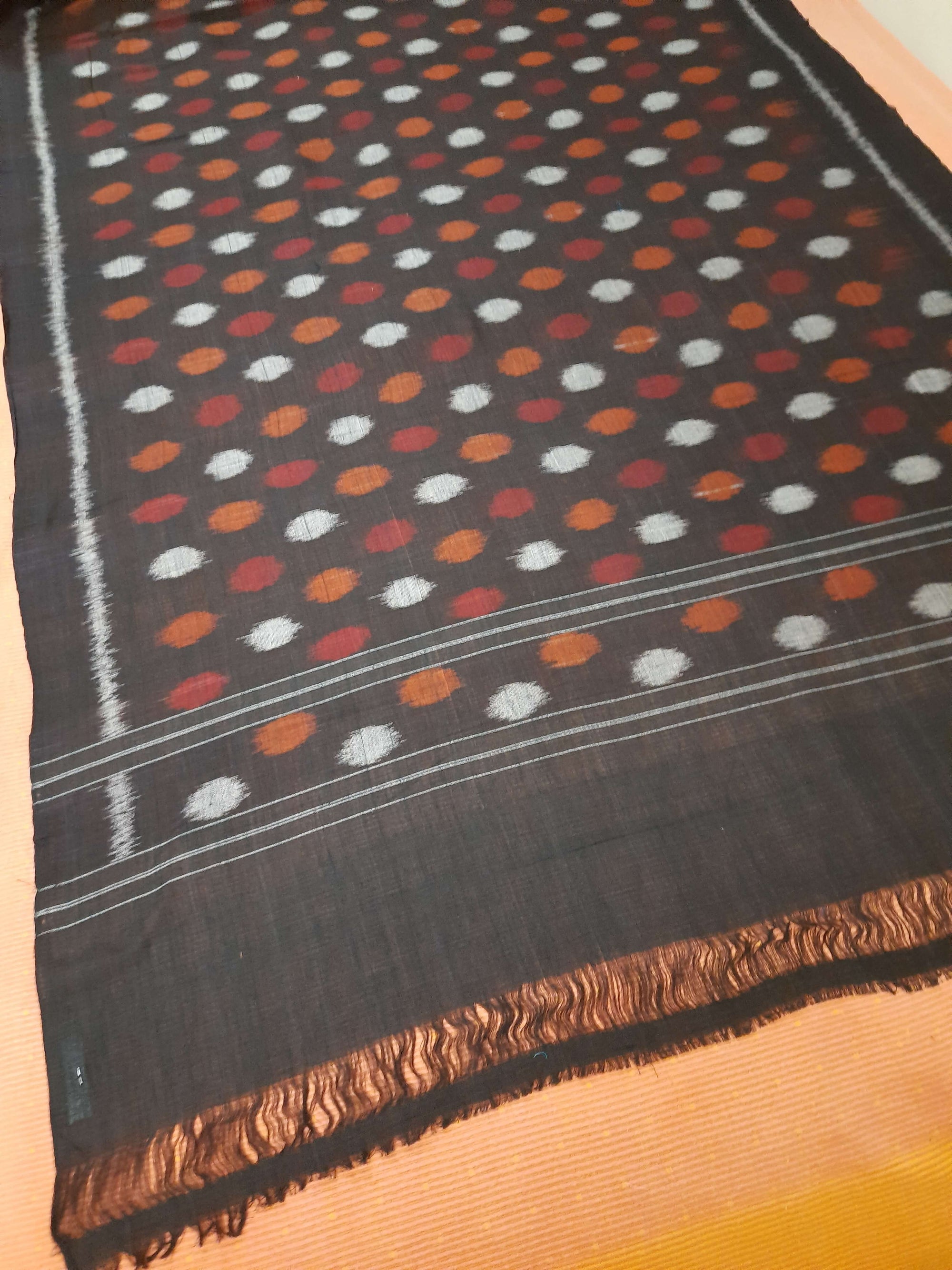 Black Cotton Odisha Ikat Stole with polka dot motifs