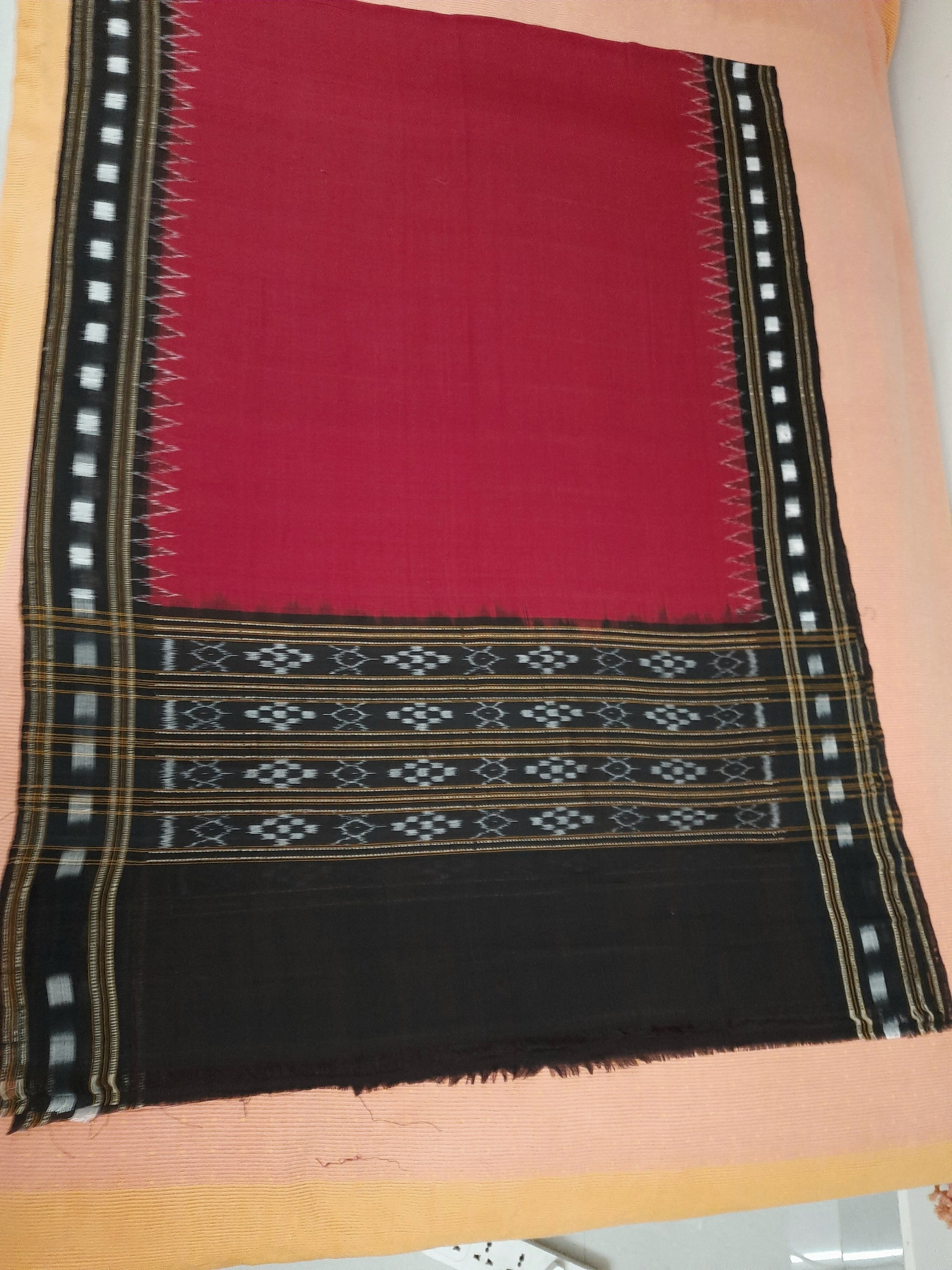 Red with Black Cotton Sambalpuri Dupatta