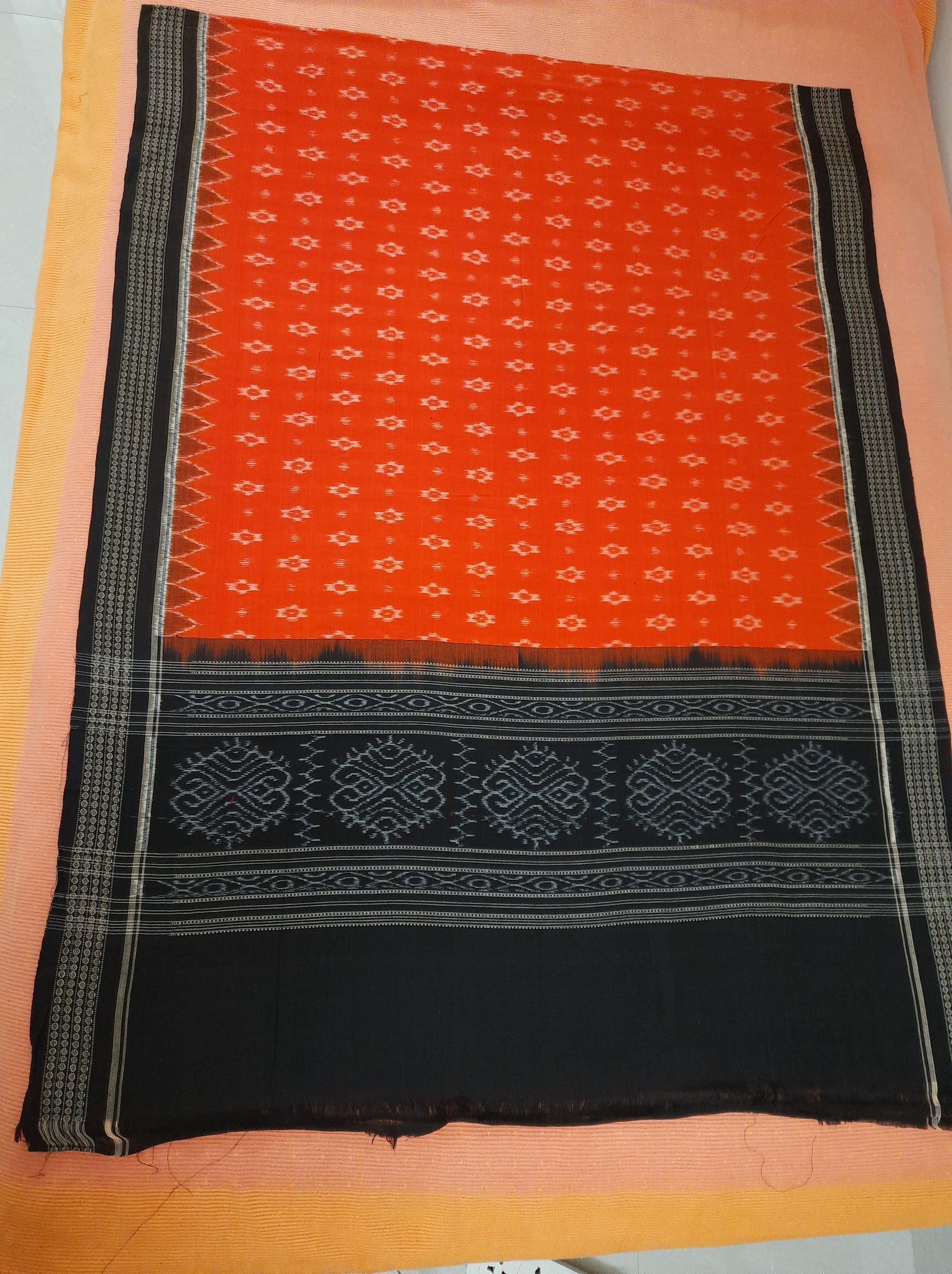 Orange with Black Cotton Sambalpuri Dupatta