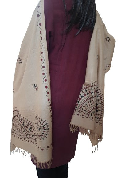 Beige cotton Dupatta with hand painted tribal art
