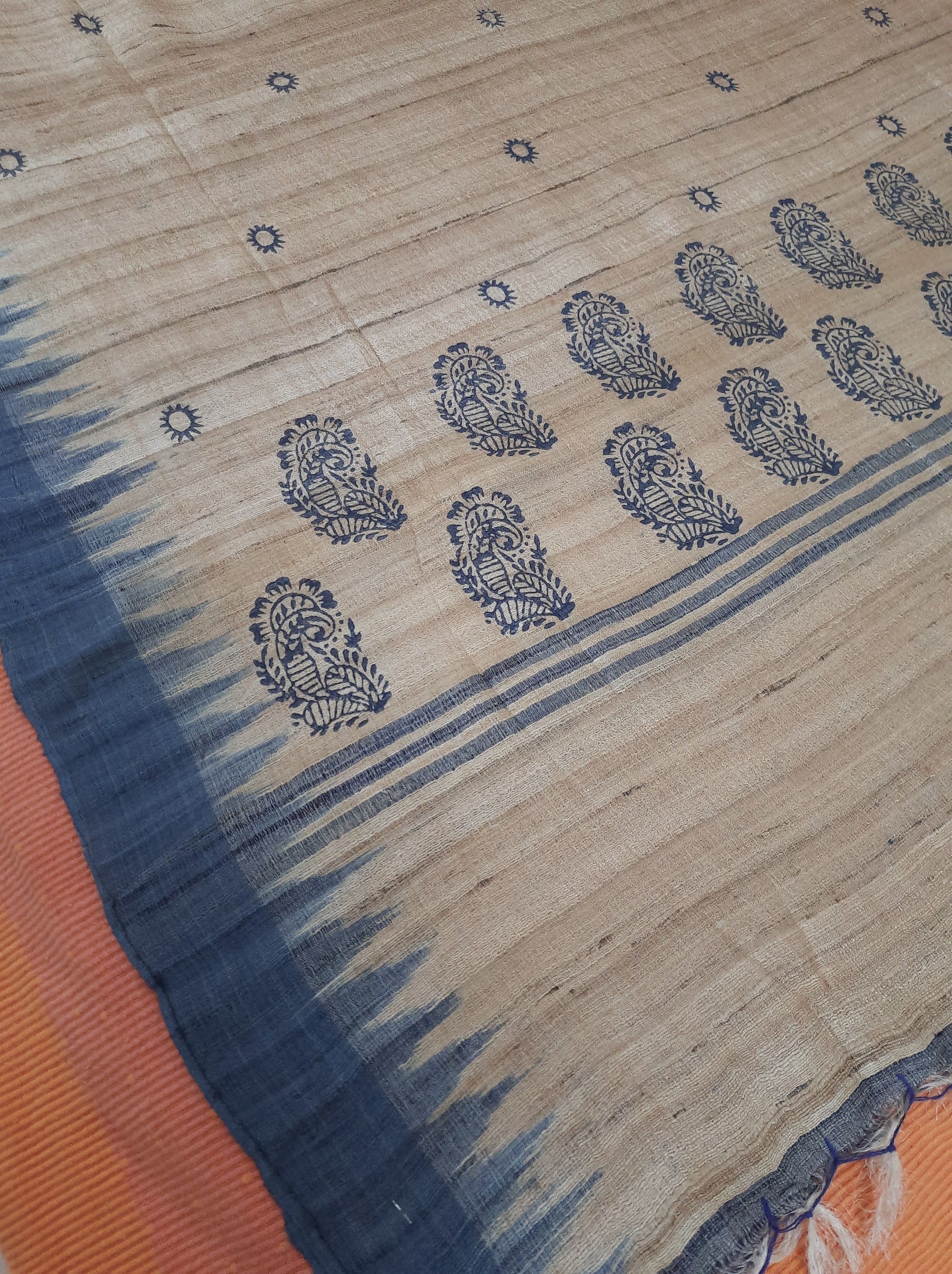 Beige and Grey Tussar Silk Dupatta with hand block motifs