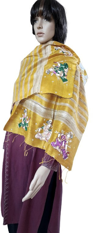 Yellow Tussar Silk Stole with handpainted Pattachitra Motifs