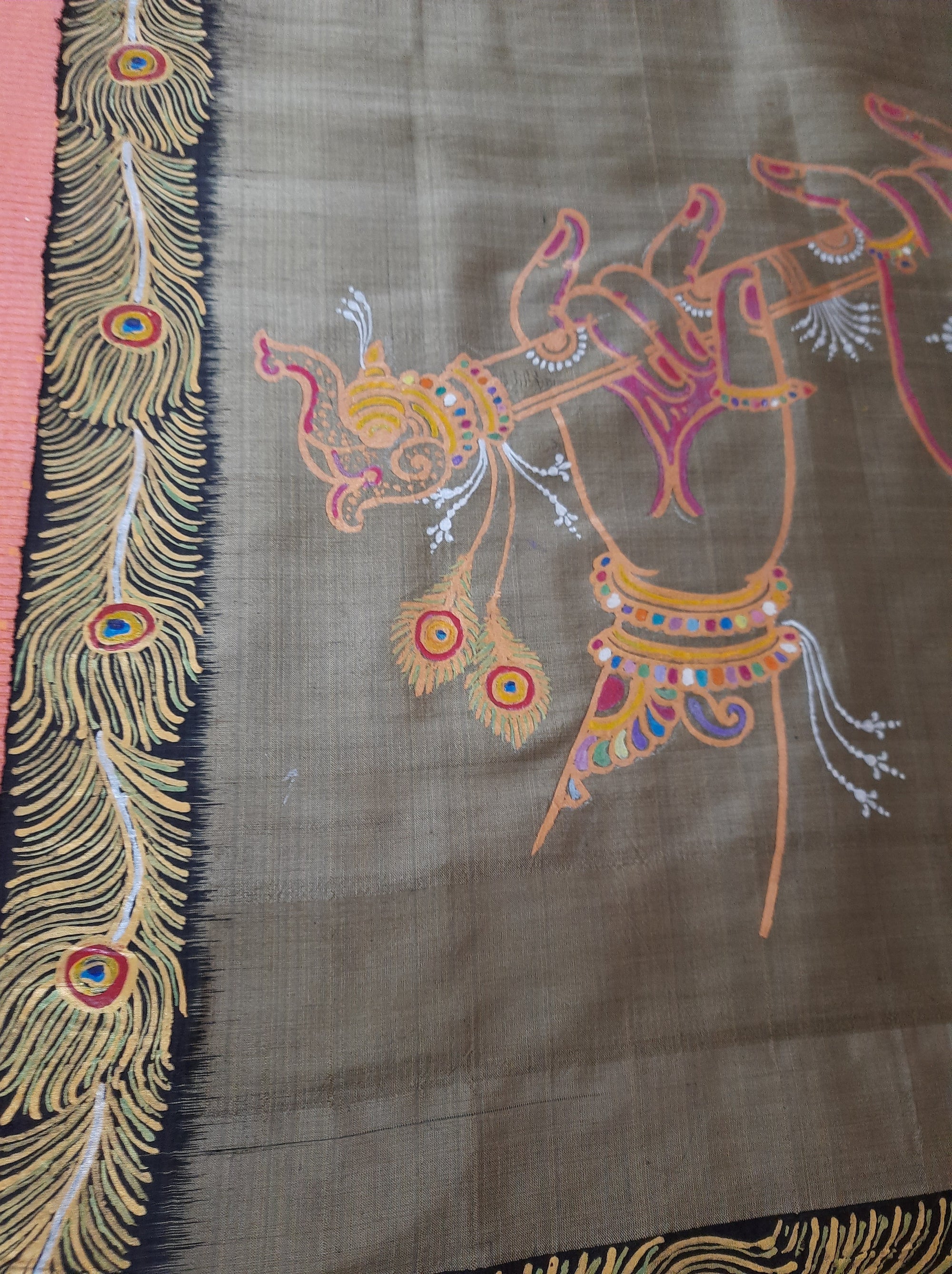 Grey mulberry silk stole with hand painted Pattachitra Art