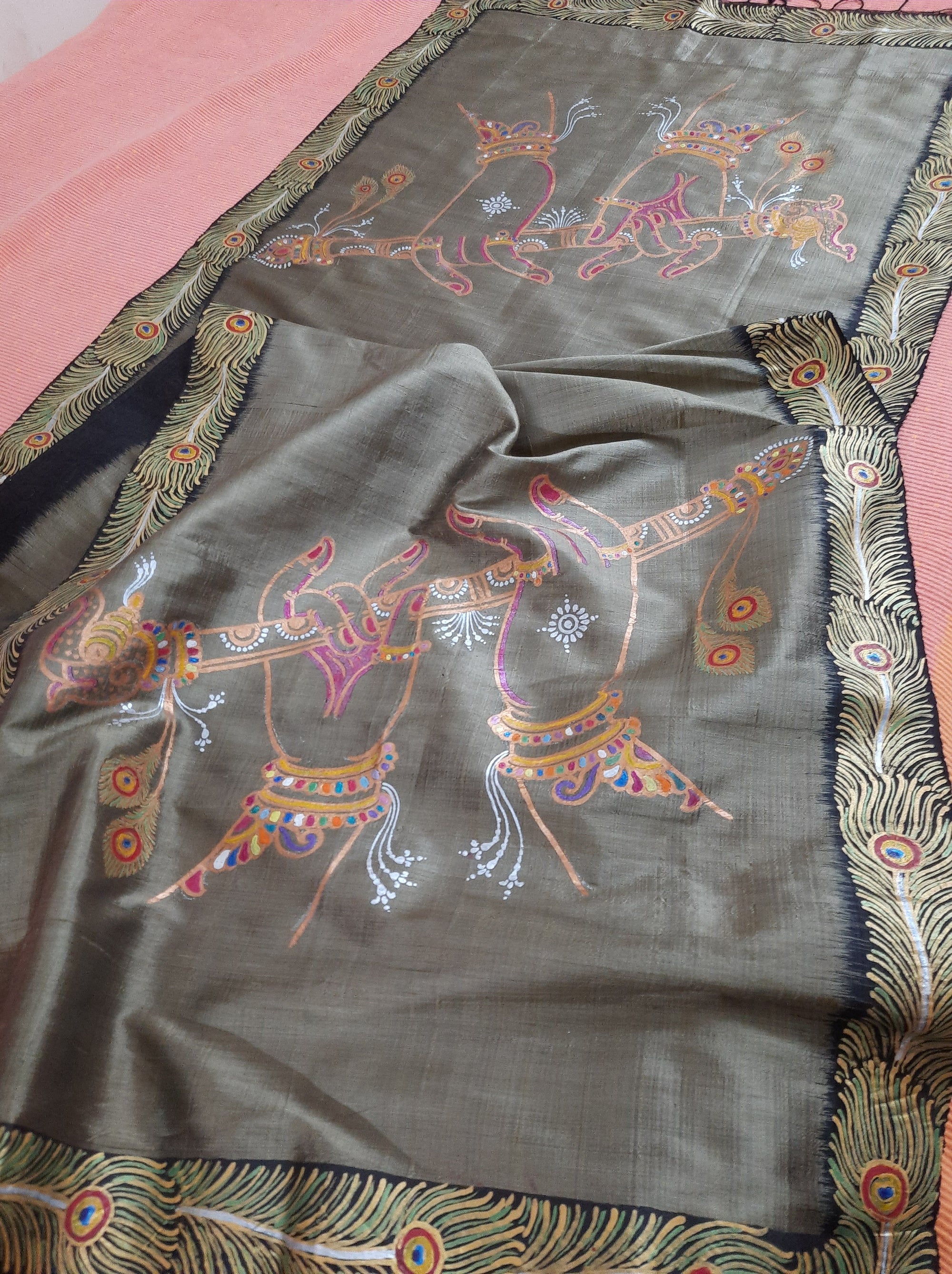 Grey mulberry silk stole with hand painted Pattachitra Art
