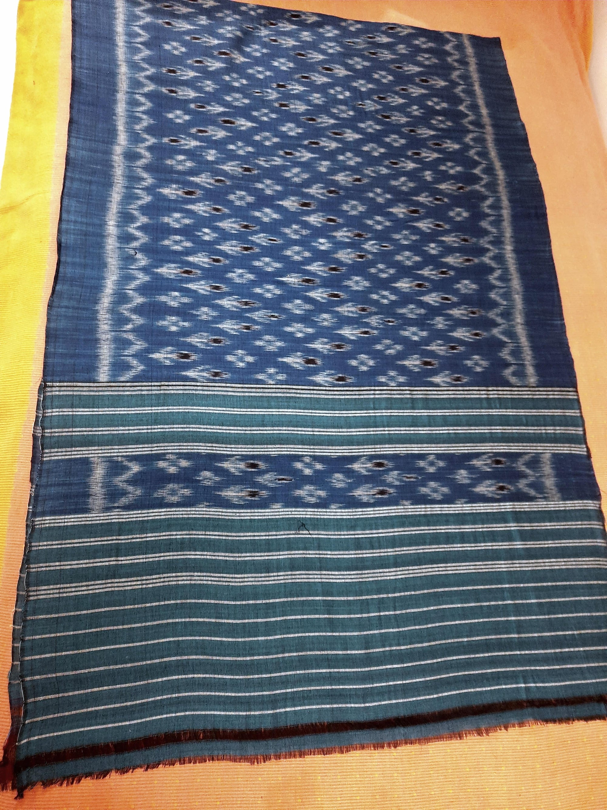 Blue Cotton ikat Dupatta with woven motifs across body
