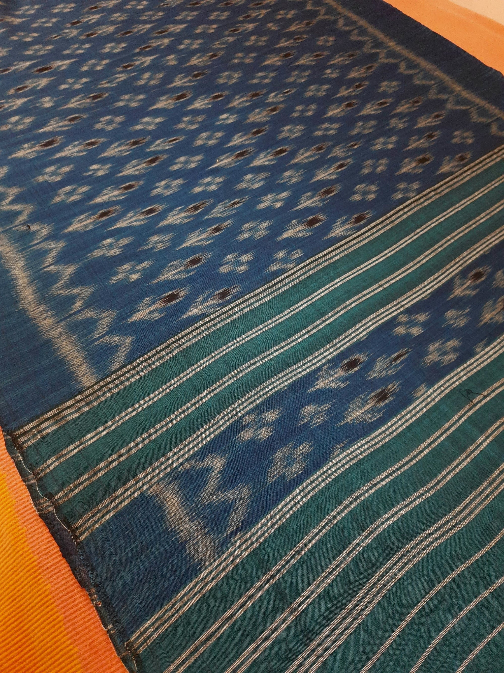 Blue Cotton ikat Dupatta with woven motifs across body