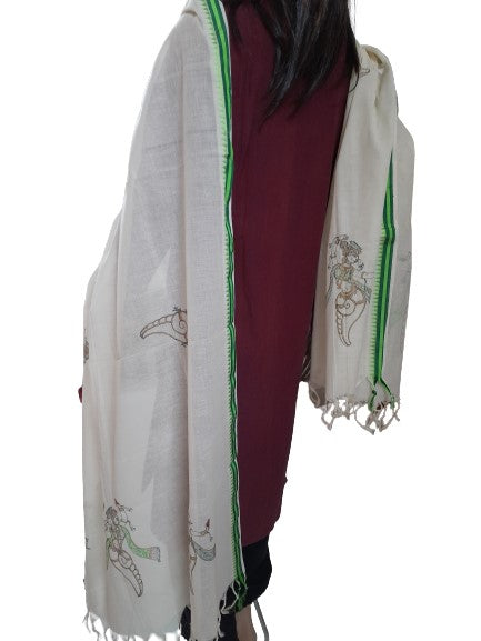 Offwhite cotton Dupatta with hand painted Pattachitra motifs