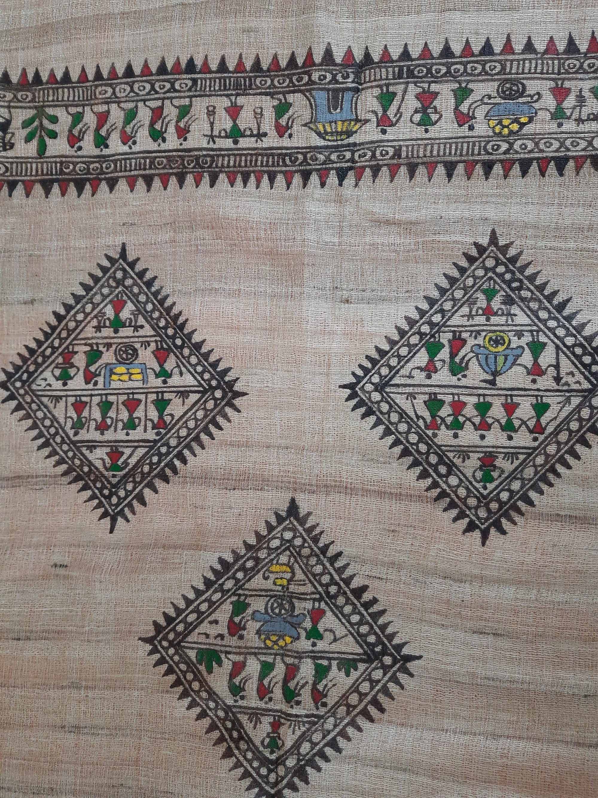 Beige Tussar Silk Stole with hand painted tribal art