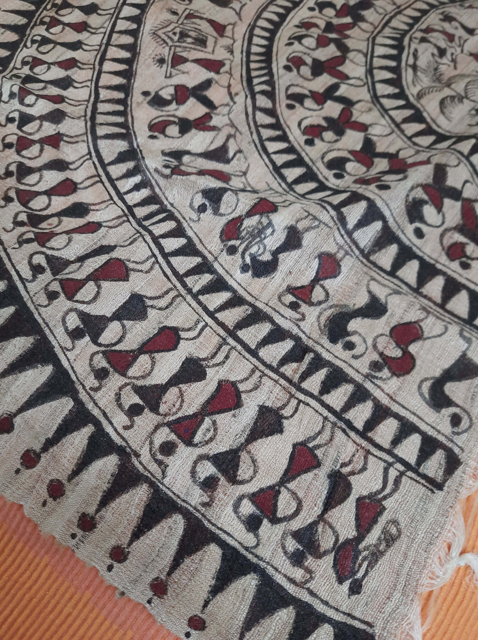 Beige Tussar Ghicha Silk Dupatta with hand painted tribal art