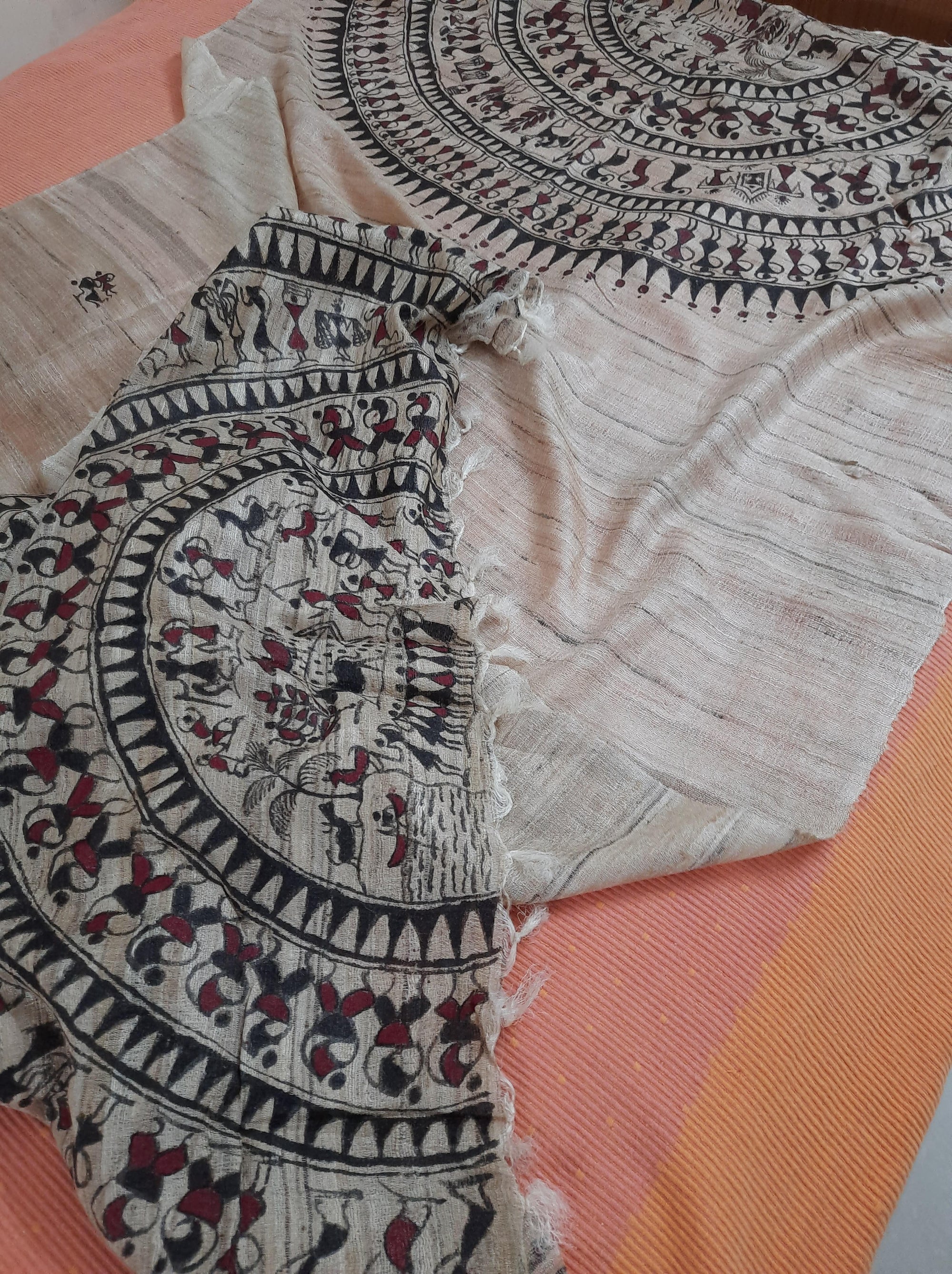 Beige Tussar Ghicha Silk Dupatta with hand painted tribal art