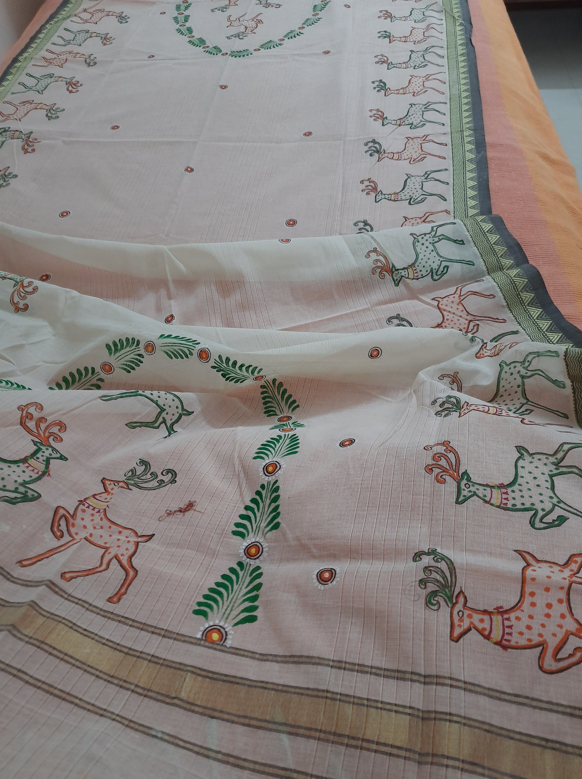 Off White Cotton Dupatta with Hand Painted Tribal Art