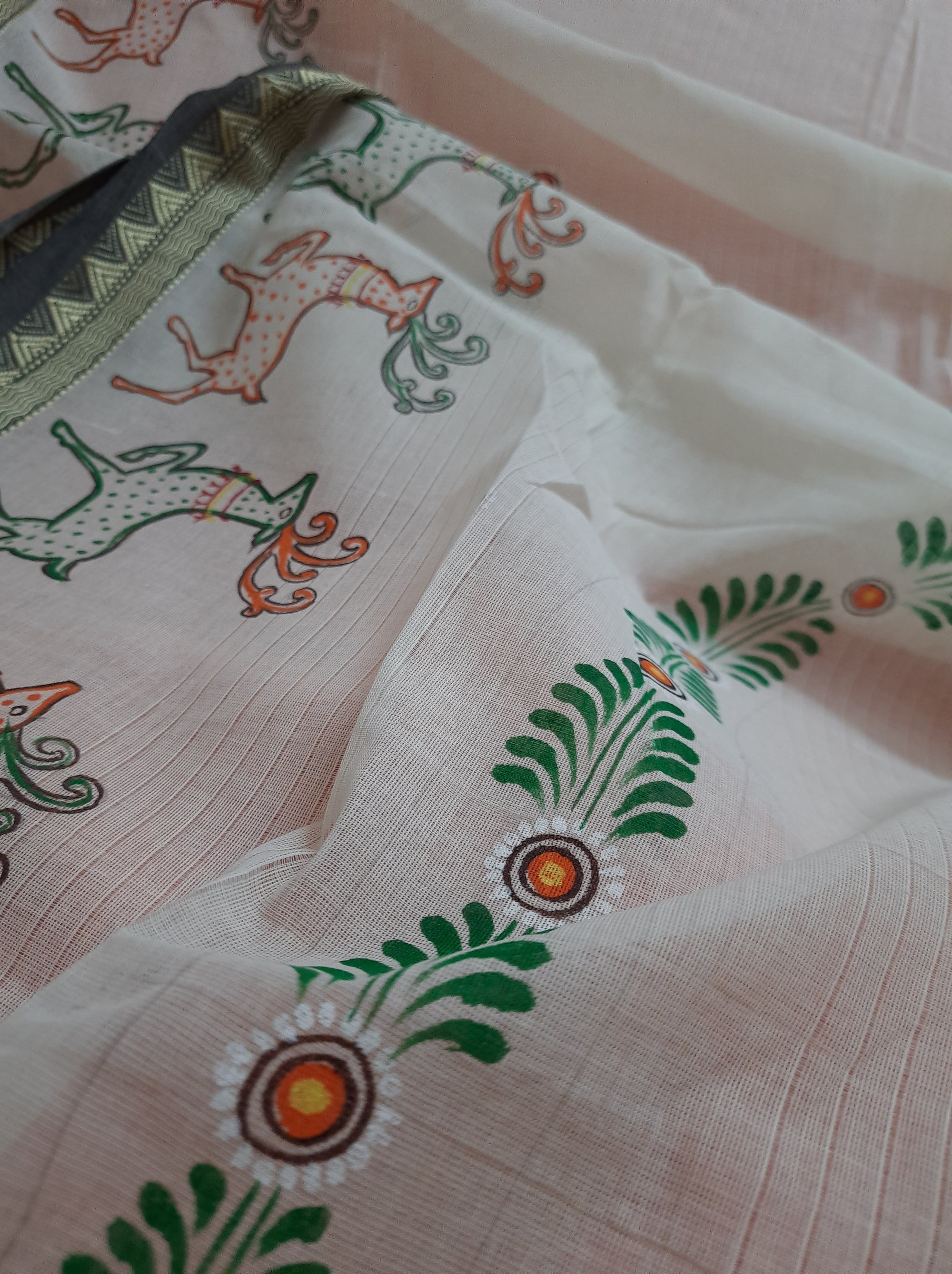 Off White Cotton Dupatta with Hand Painted Tribal Art