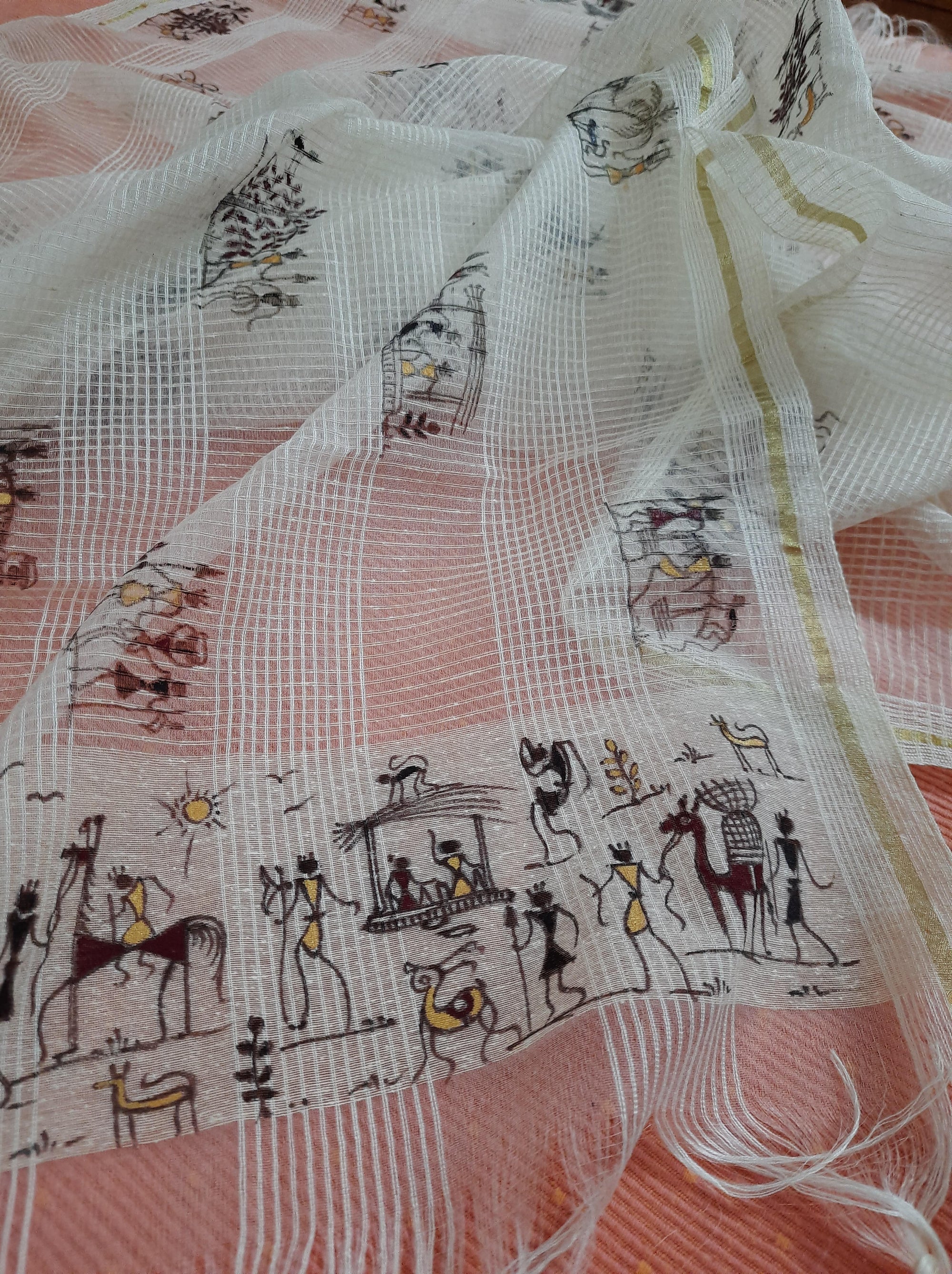 Offwhite cotton net Dupatta with hand painted Tribal Motifs