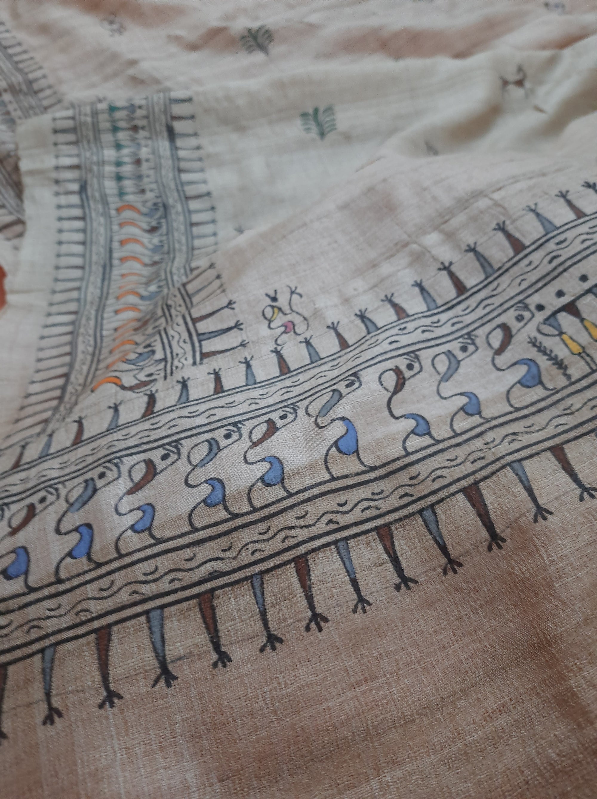 Beige Tussar Silk Dupatta with handpainted tribal art
