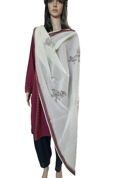 Offwhite cotton Dupatta with hand painted Pattachitra motifs