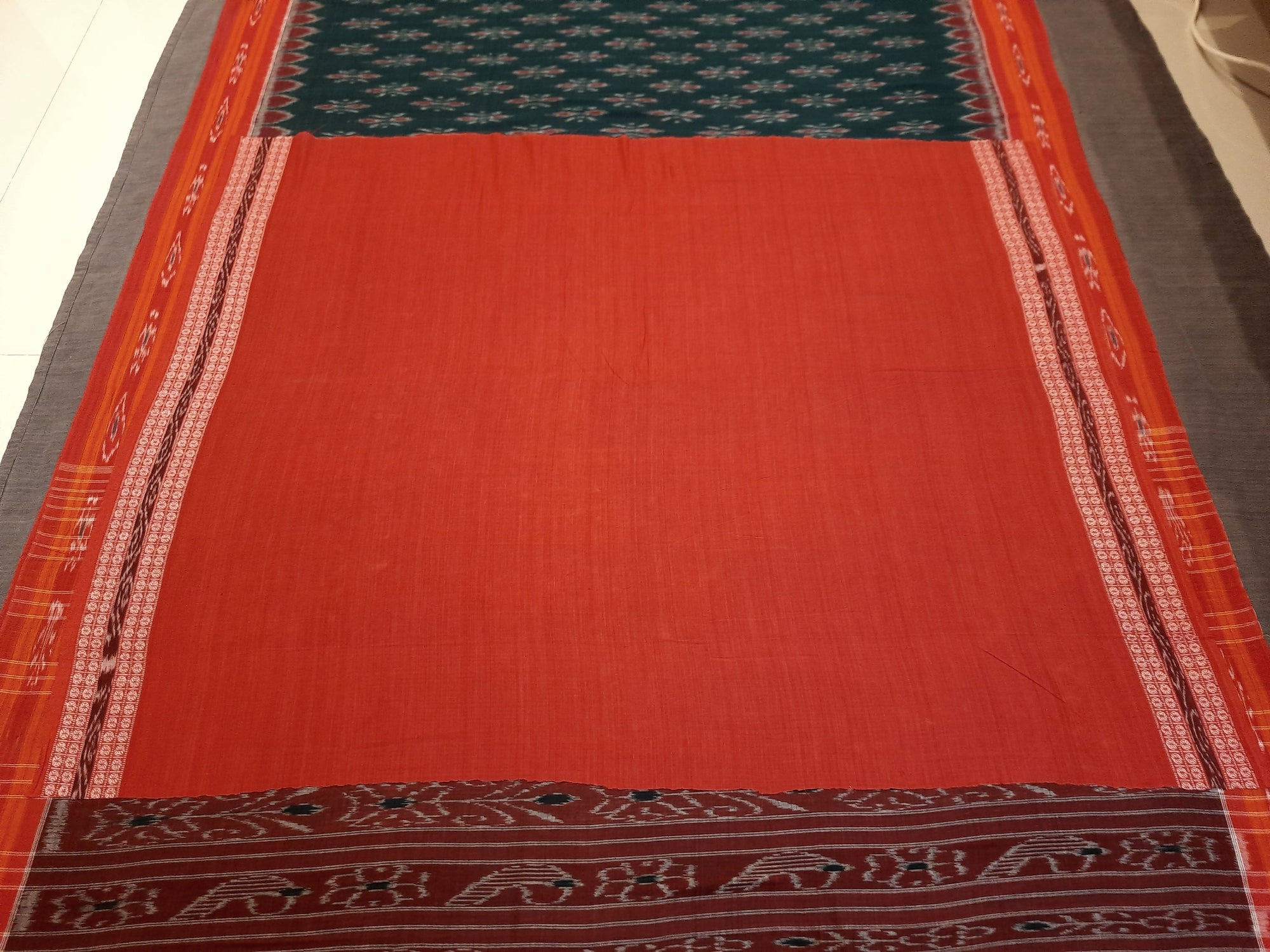 Green Red Cotton Odisha Ikat saree  with mix match cotton ikat blouse