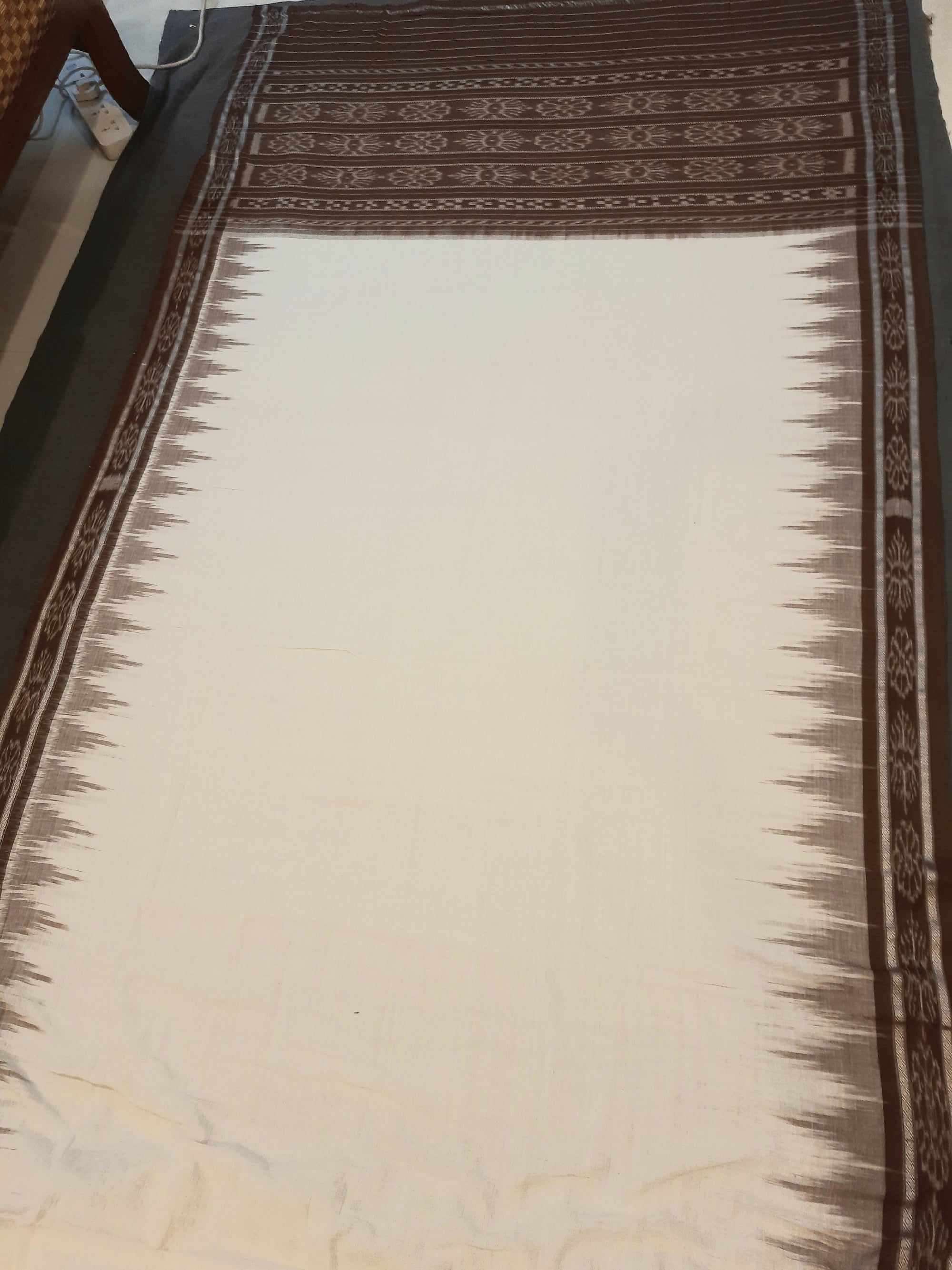 Off-white and Brown Cotton Odisha Ikat saree  with mix match cotton ikat blouse