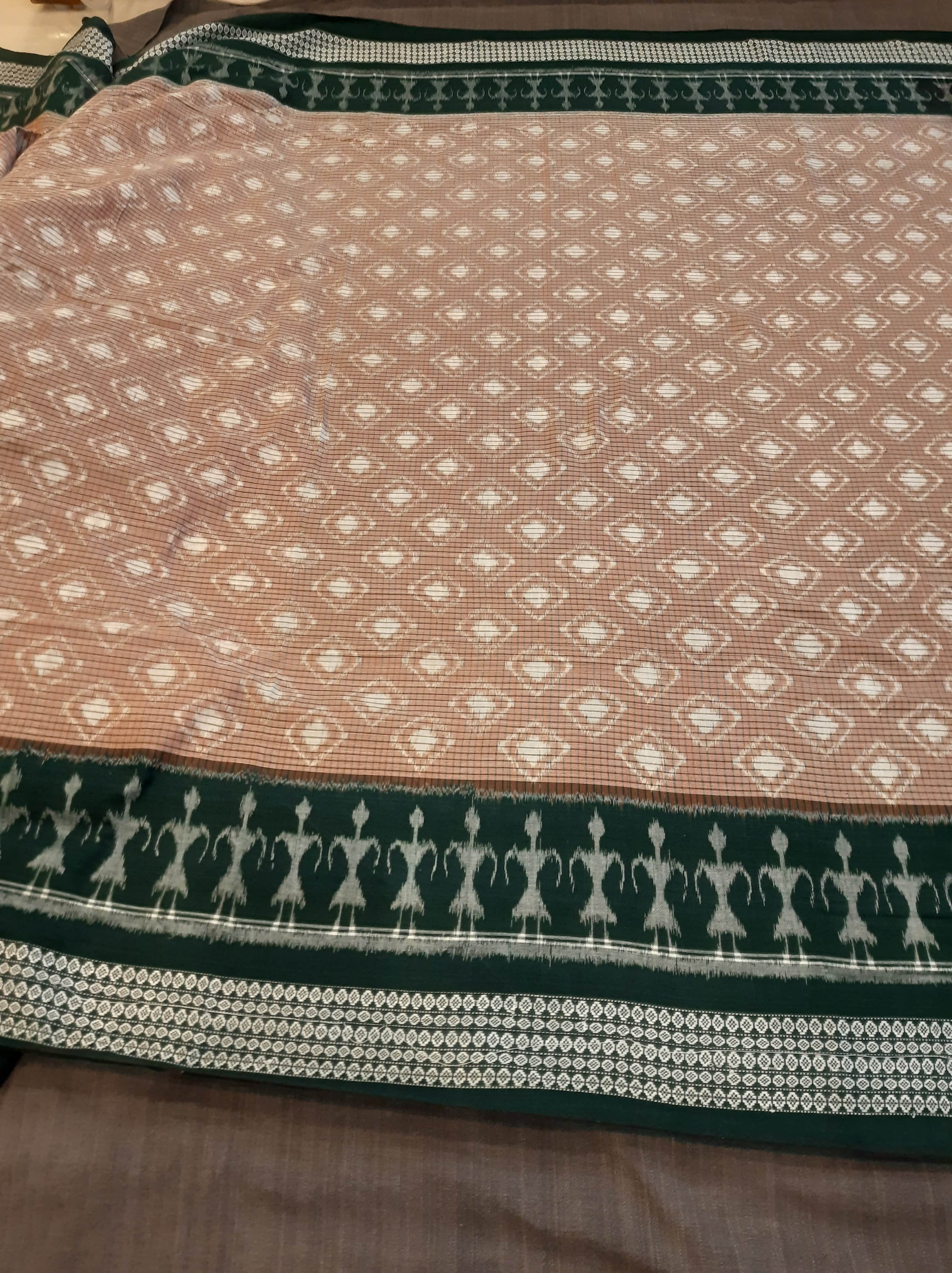 Beige Green cotton Sambalpuri Saree with mix match cotton Ikat blouse piece